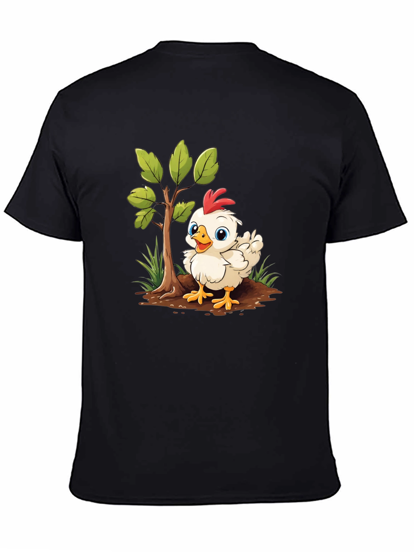 Cute Cartoon Chicken Tree Graphic Tee - Black