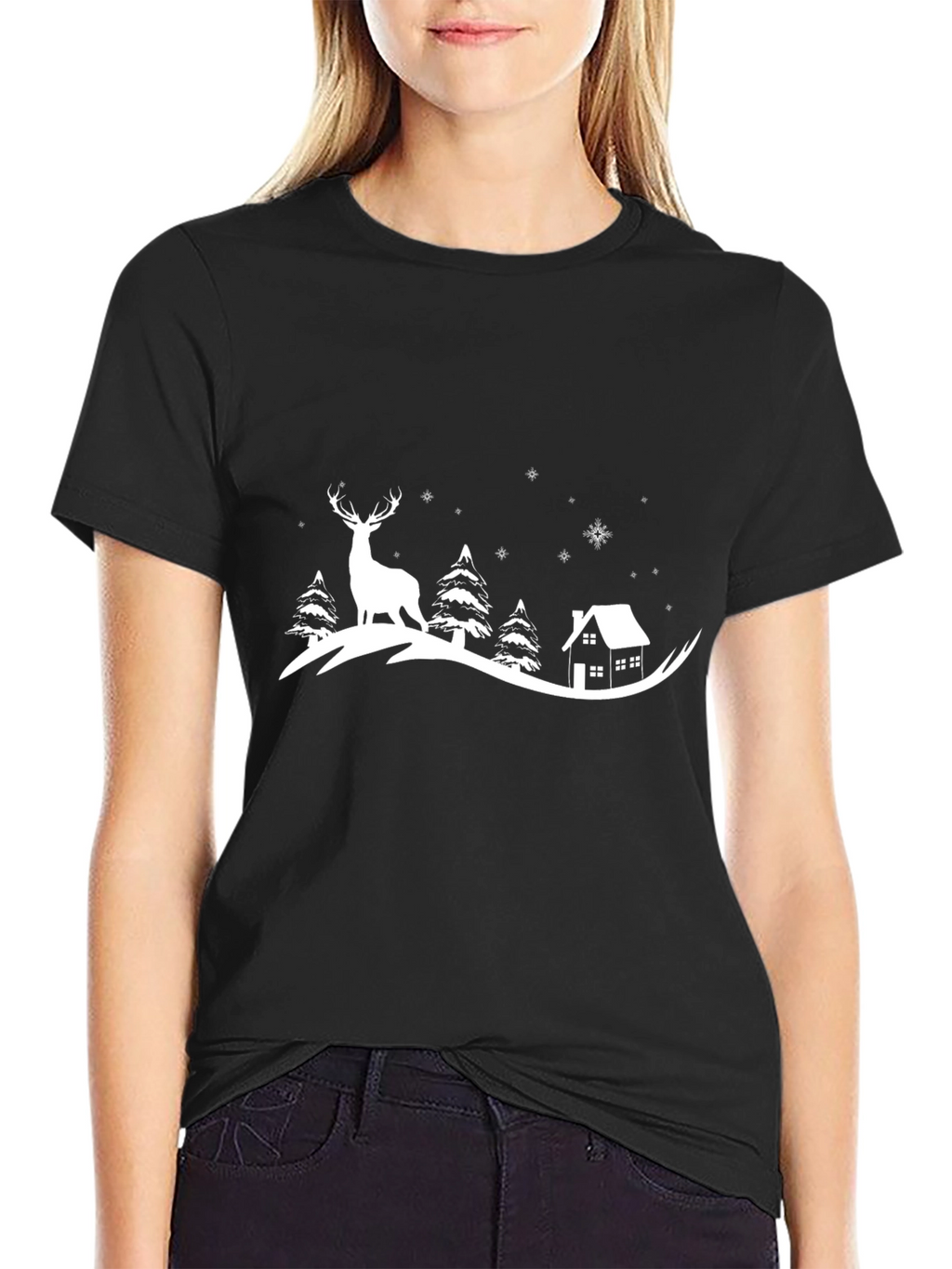 Winter Deer Cabin Graphic T-Shirt
