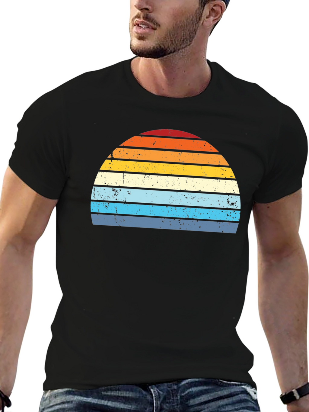 Retro Sunset Striped Graphic Tee - Black