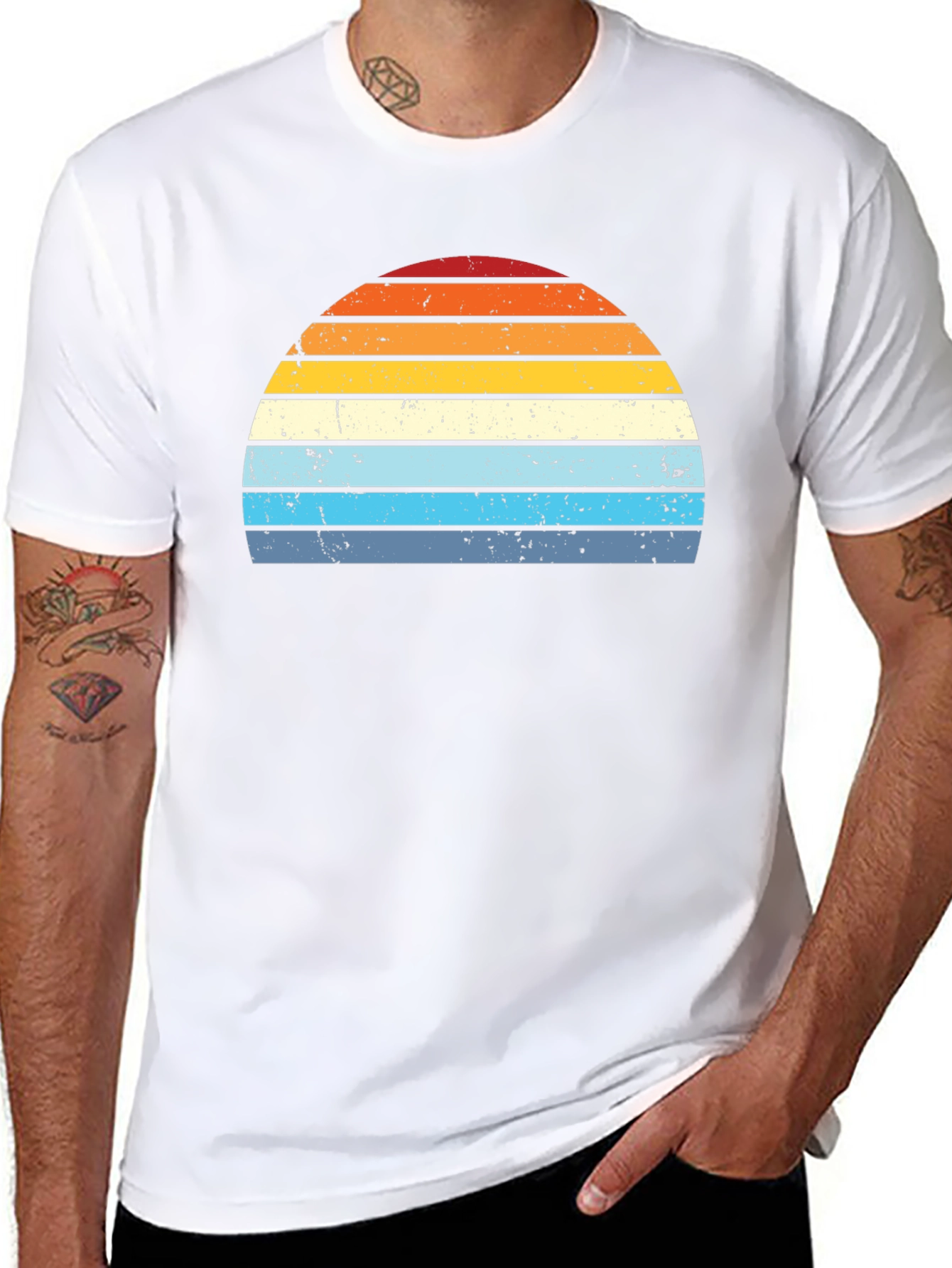 Retro Sunset Striped Graphic Tee - Black