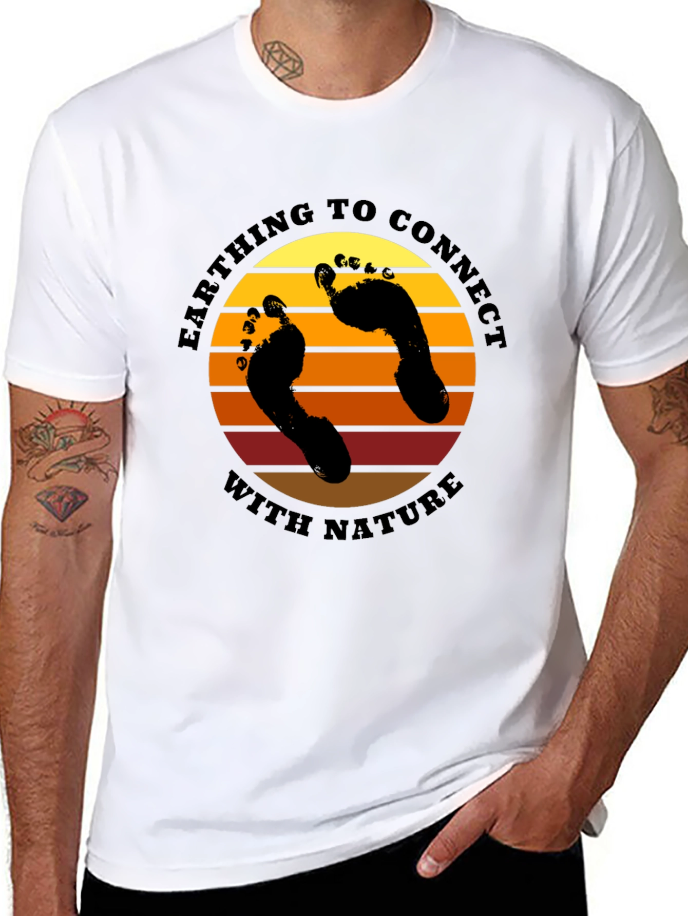 Earthing Connect Nature T-Shirt: Sunset Footprints Design