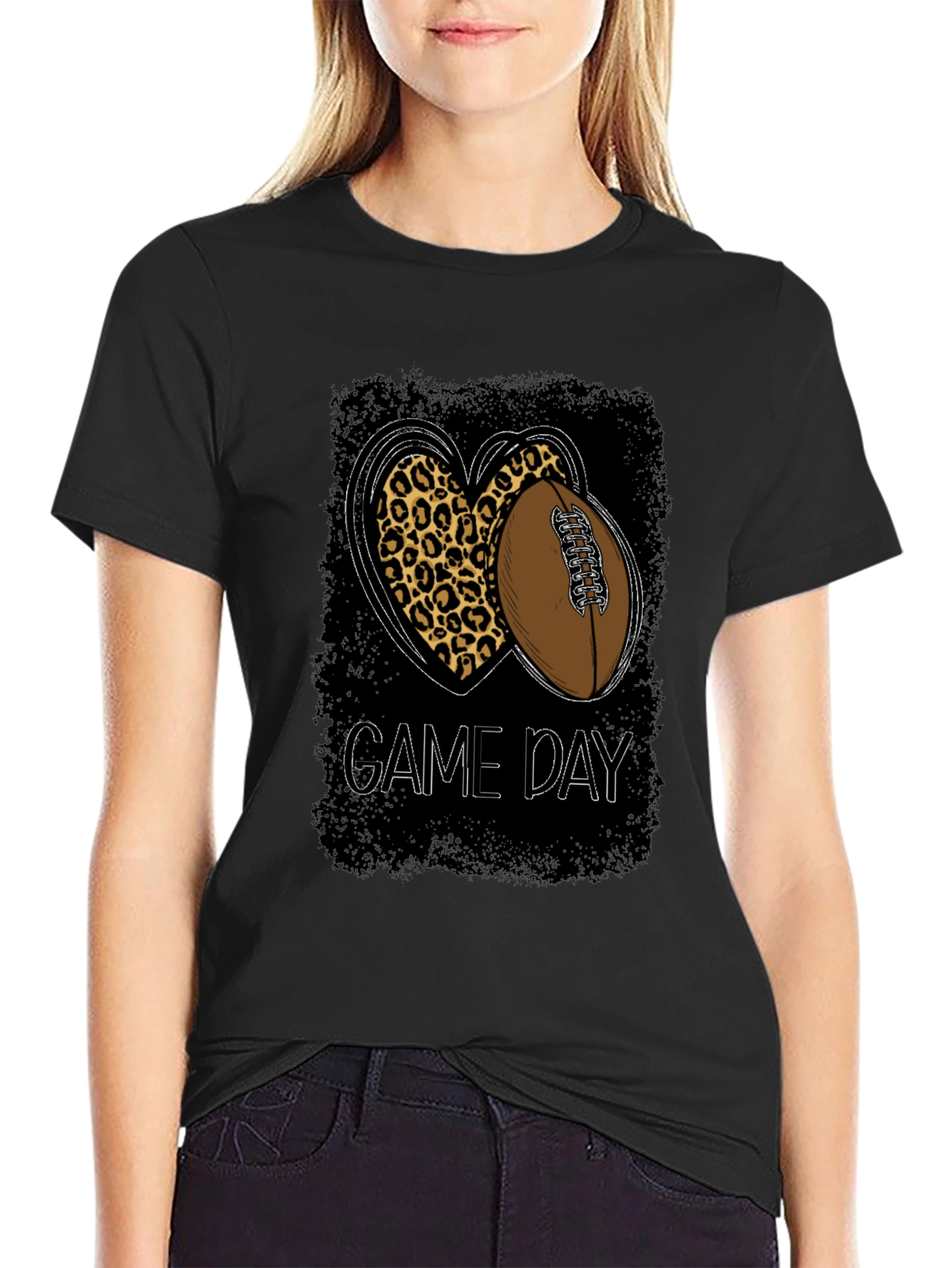 Game Day Leopard Heart Football T-Shirt