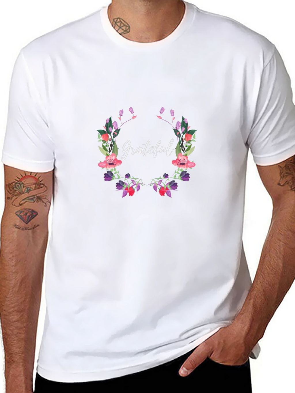 Grateful Floral Wreath Black T-Shirt