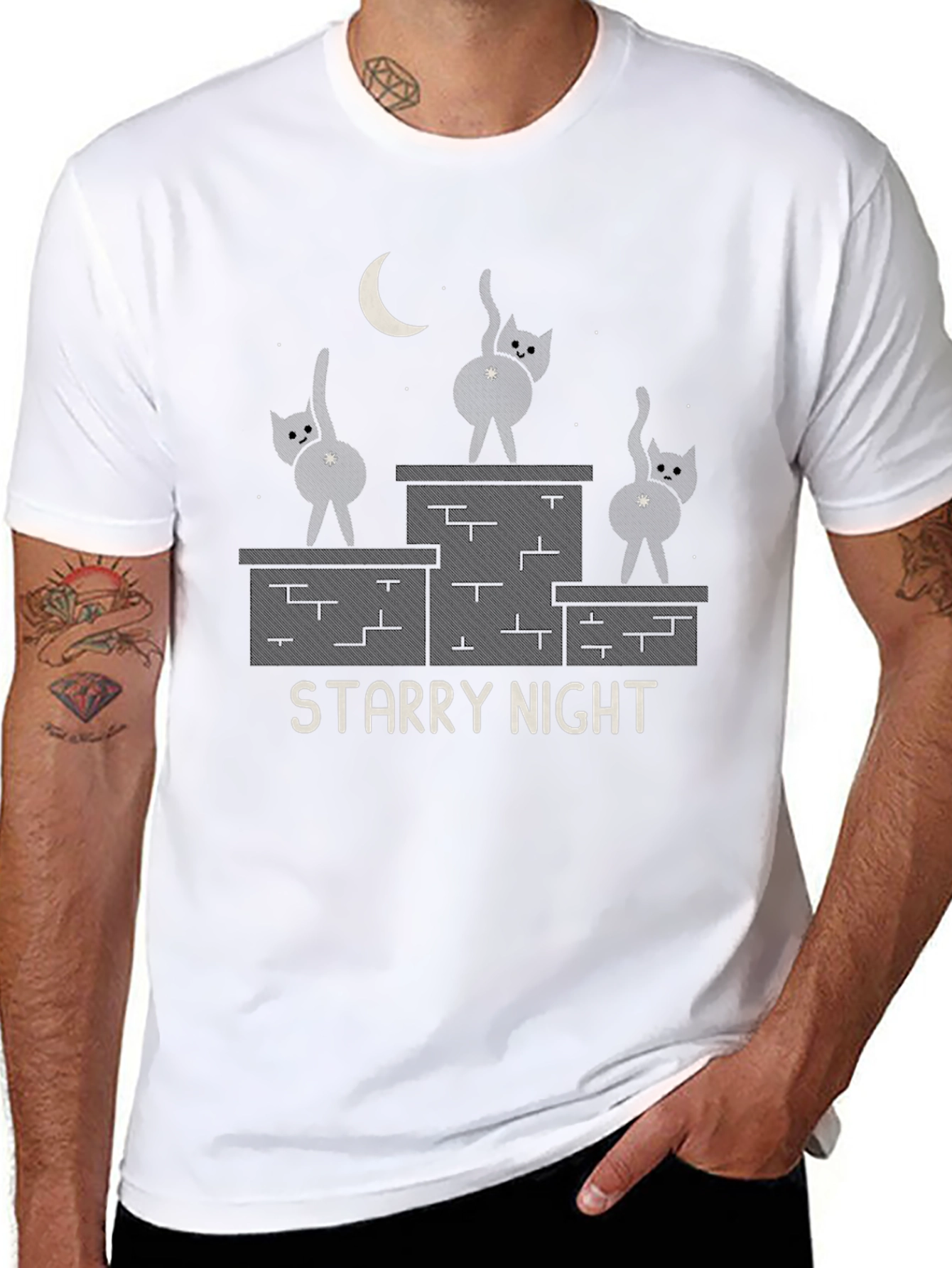 Starry Night Cat T-Shirt - Funny Graphic Tee
