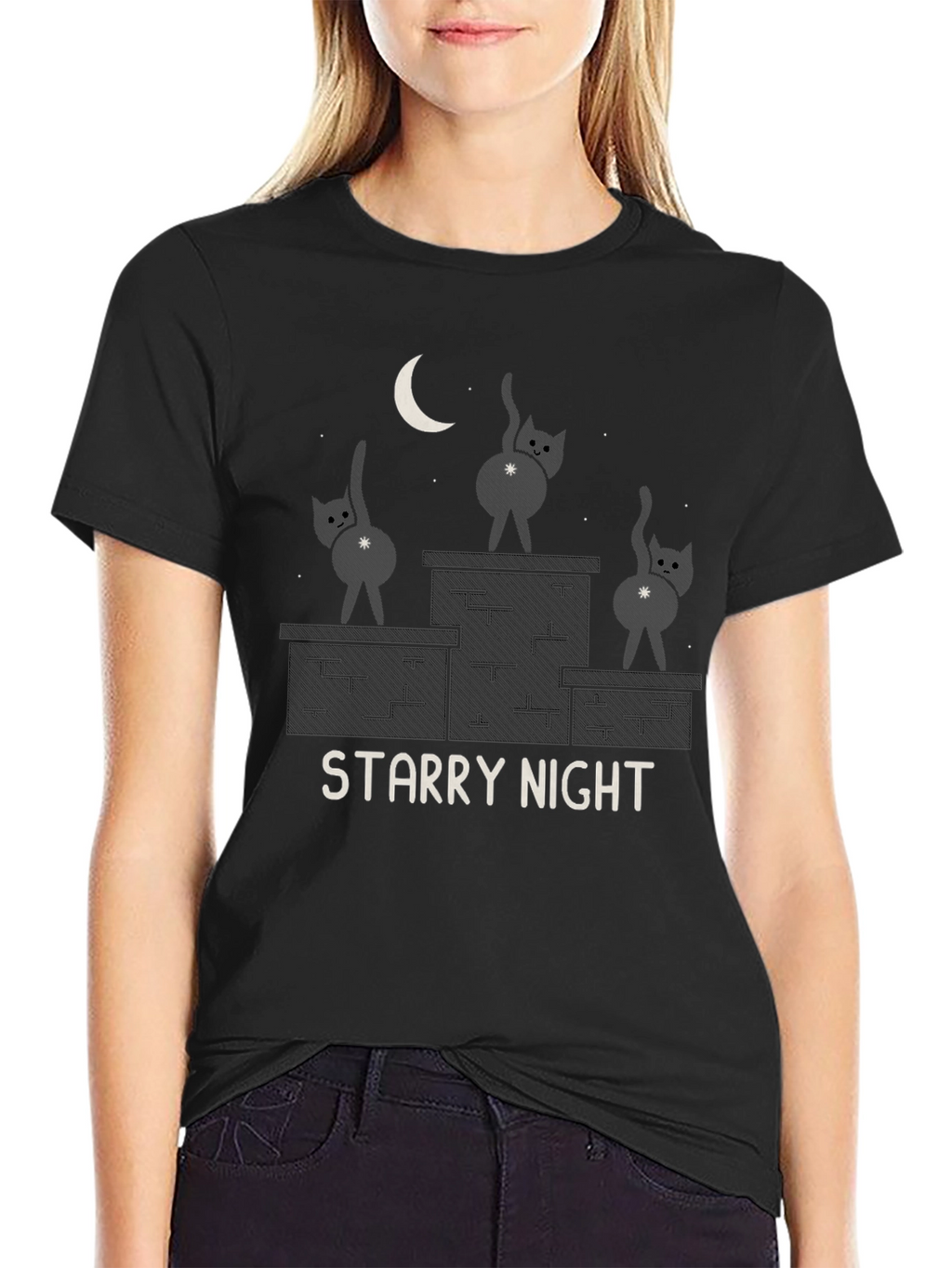 Starry Night Cat T-Shirt - Funny Graphic Tee