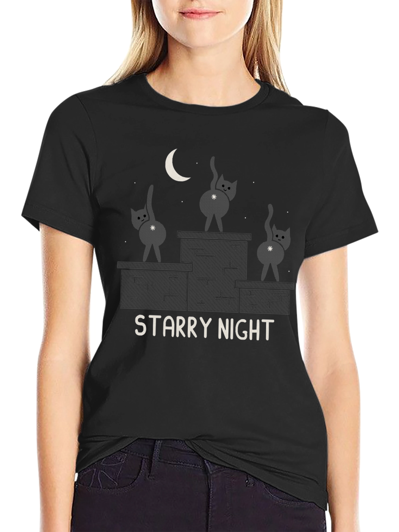 Starry Night Cat T-Shirt - Funny Graphic Tee