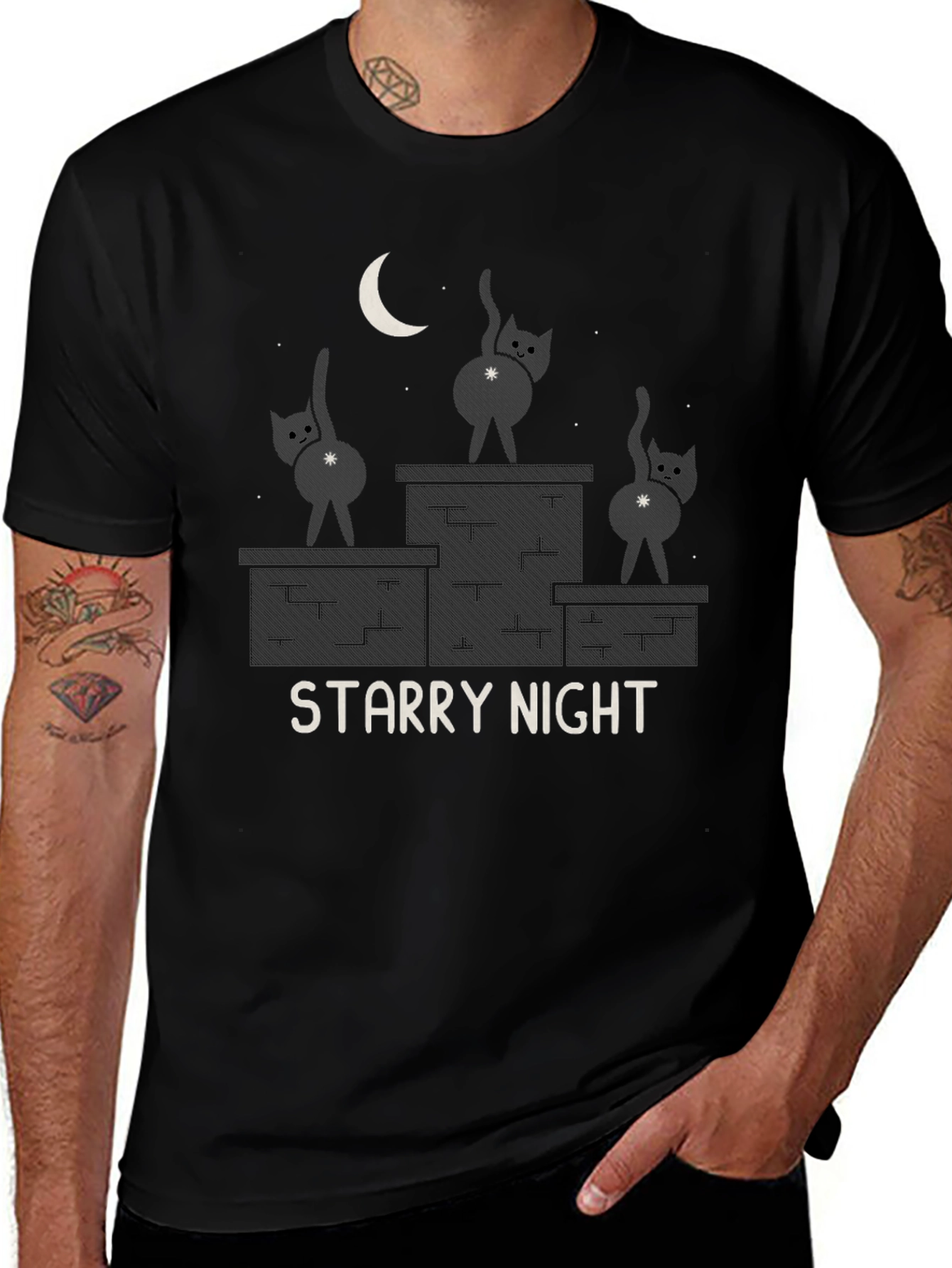Starry Night Cat T-Shirt - Funny Graphic Tee