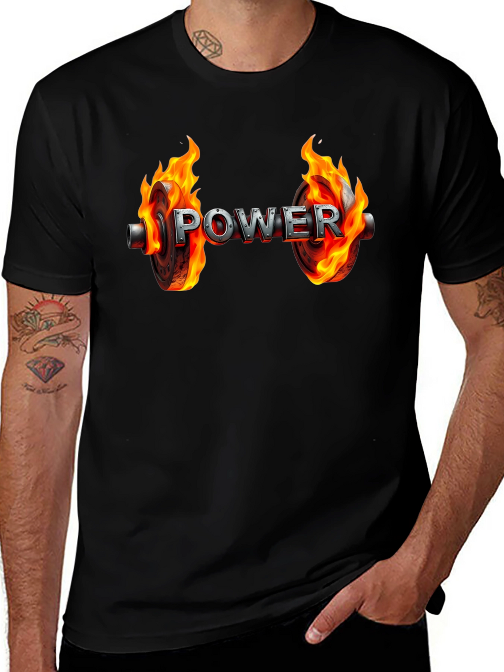 Power Flame Graphic Tee - Black Cotton Gym Shirt