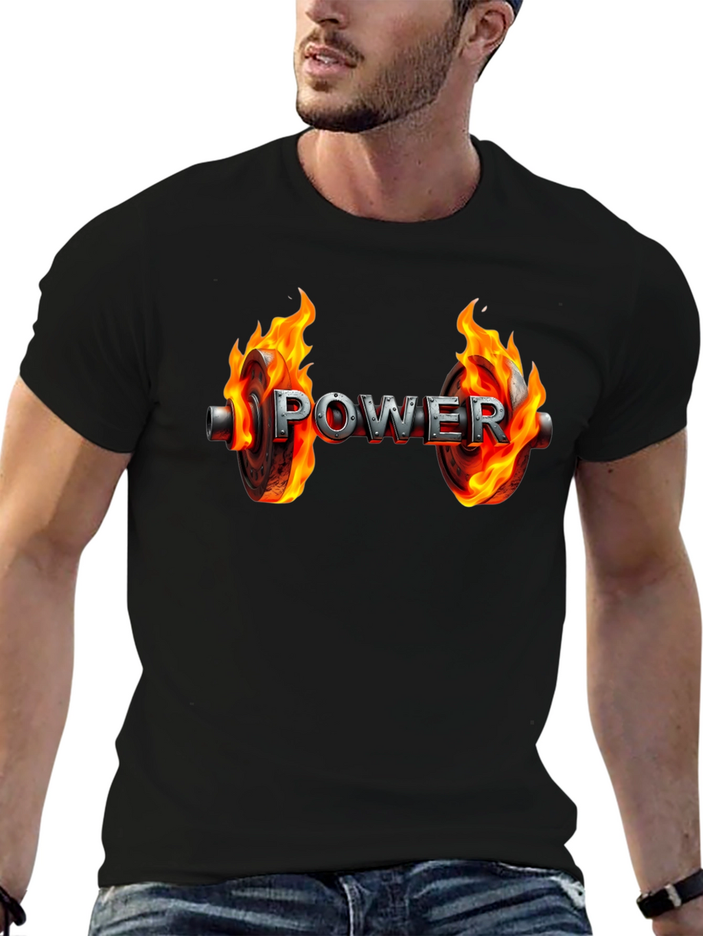 Power Flame Graphic Tee - Black Cotton Gym Shirt