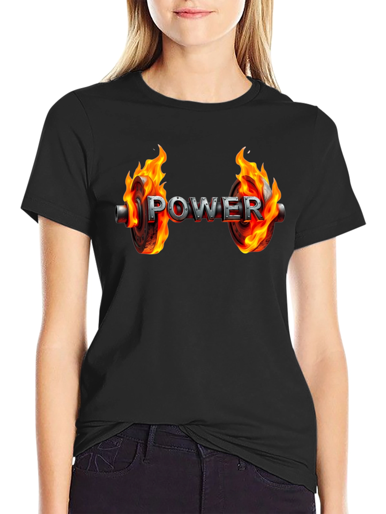 Power Flame Graphic Tee - Black Cotton Gym Shirt