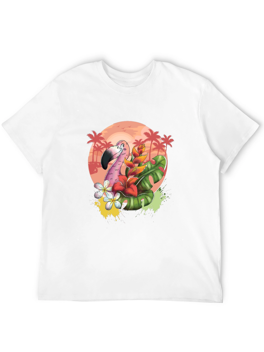 Tropical Flamingo Graphic Tee - Black Cotton T-Shirt