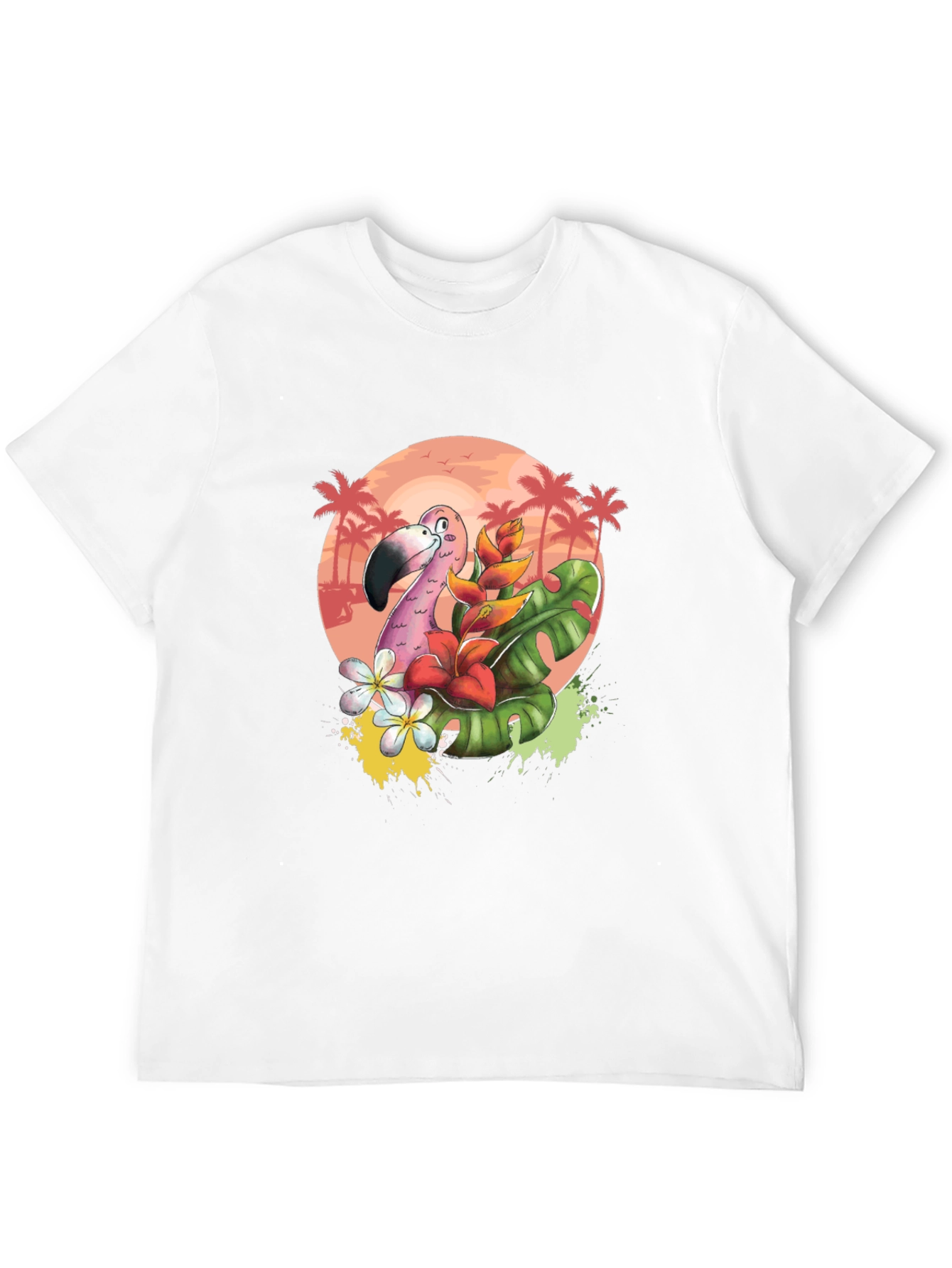 Tropical Flamingo Graphic Tee - Black Cotton T-Shirt