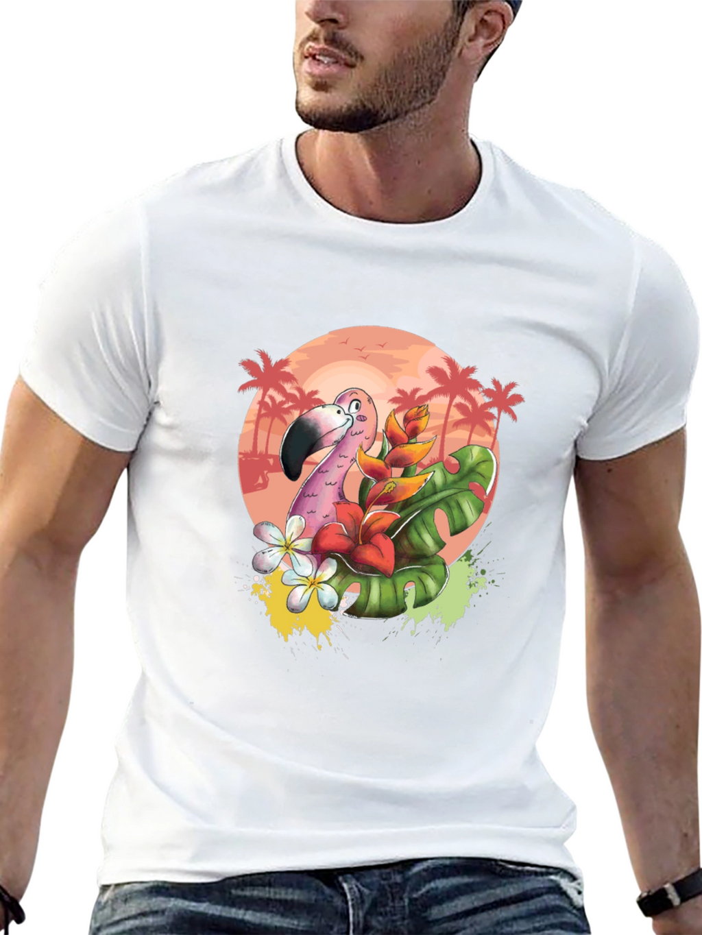 Tropical Flamingo Graphic Tee - Black Cotton T-Shirt