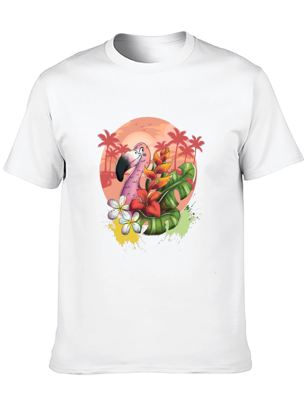 Tropical Flamingo Graphic Tee - Black Cotton T-Shirt