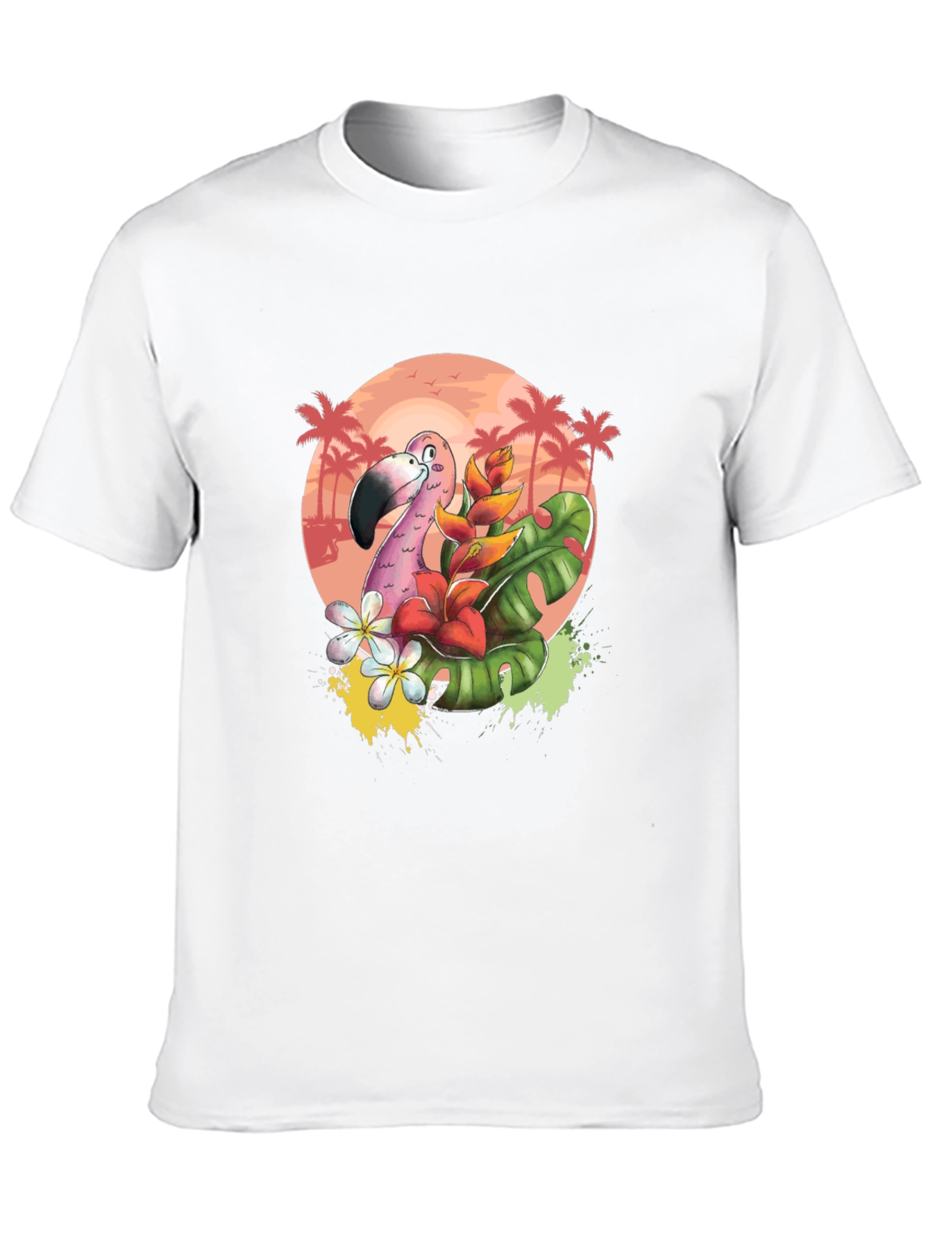 Tropical Flamingo Graphic Tee - Black Cotton T-Shirt