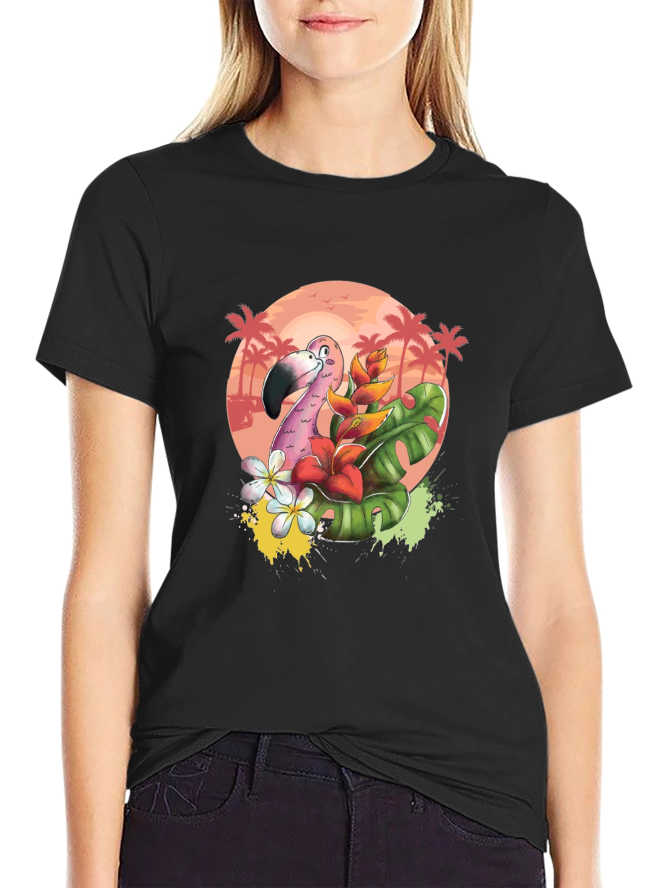 Tropical Flamingo Graphic Tee - Black Cotton T-Shirt