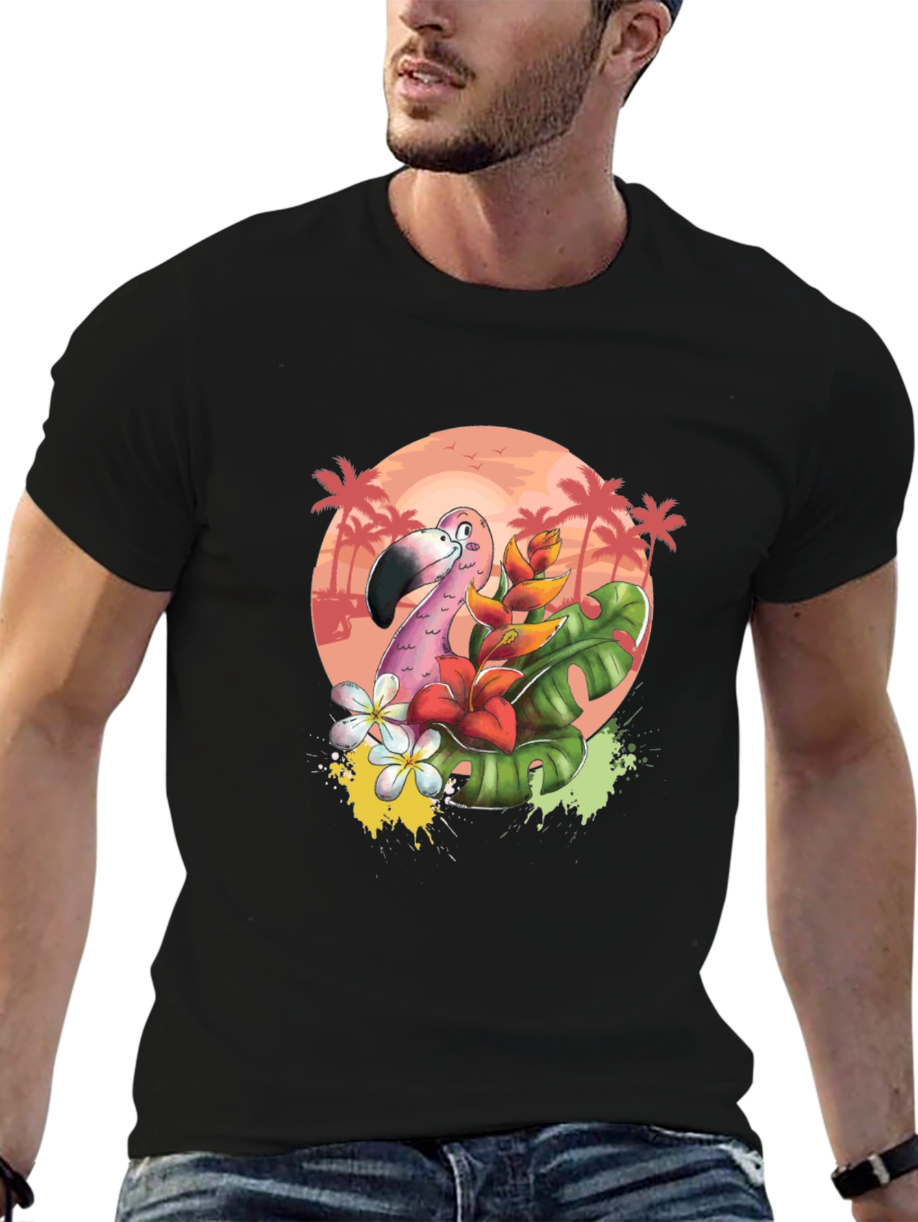 Tropical Flamingo Graphic Tee - Black Cotton T-Shirt