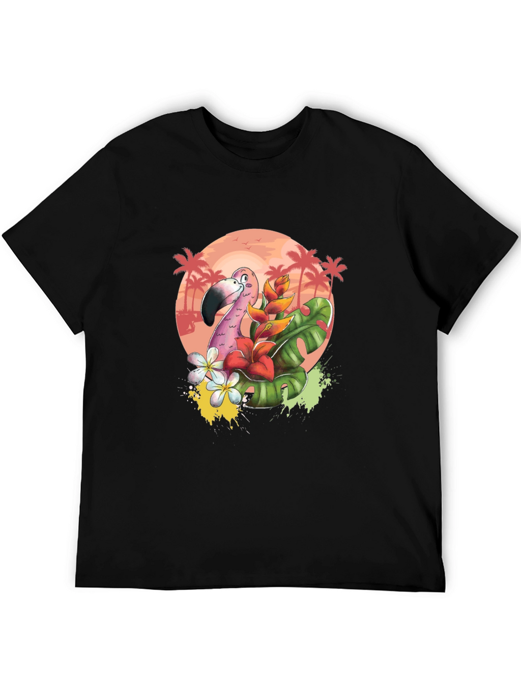 Tropical Flamingo Graphic Tee - Black Cotton T-Shirt