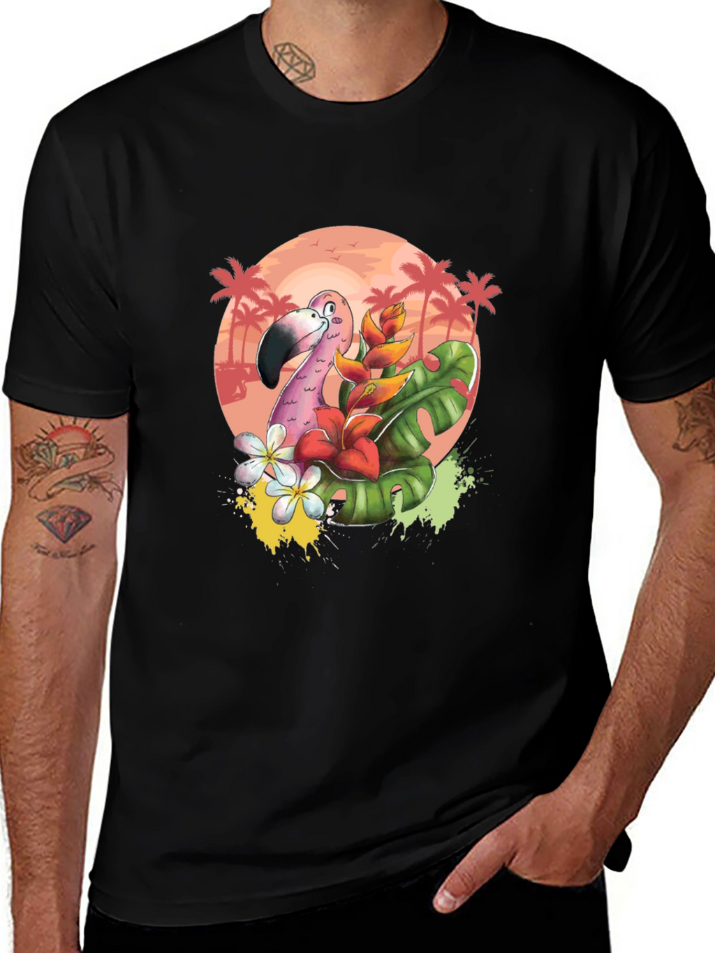 Tropical Flamingo Graphic Tee - Black Cotton T-Shirt