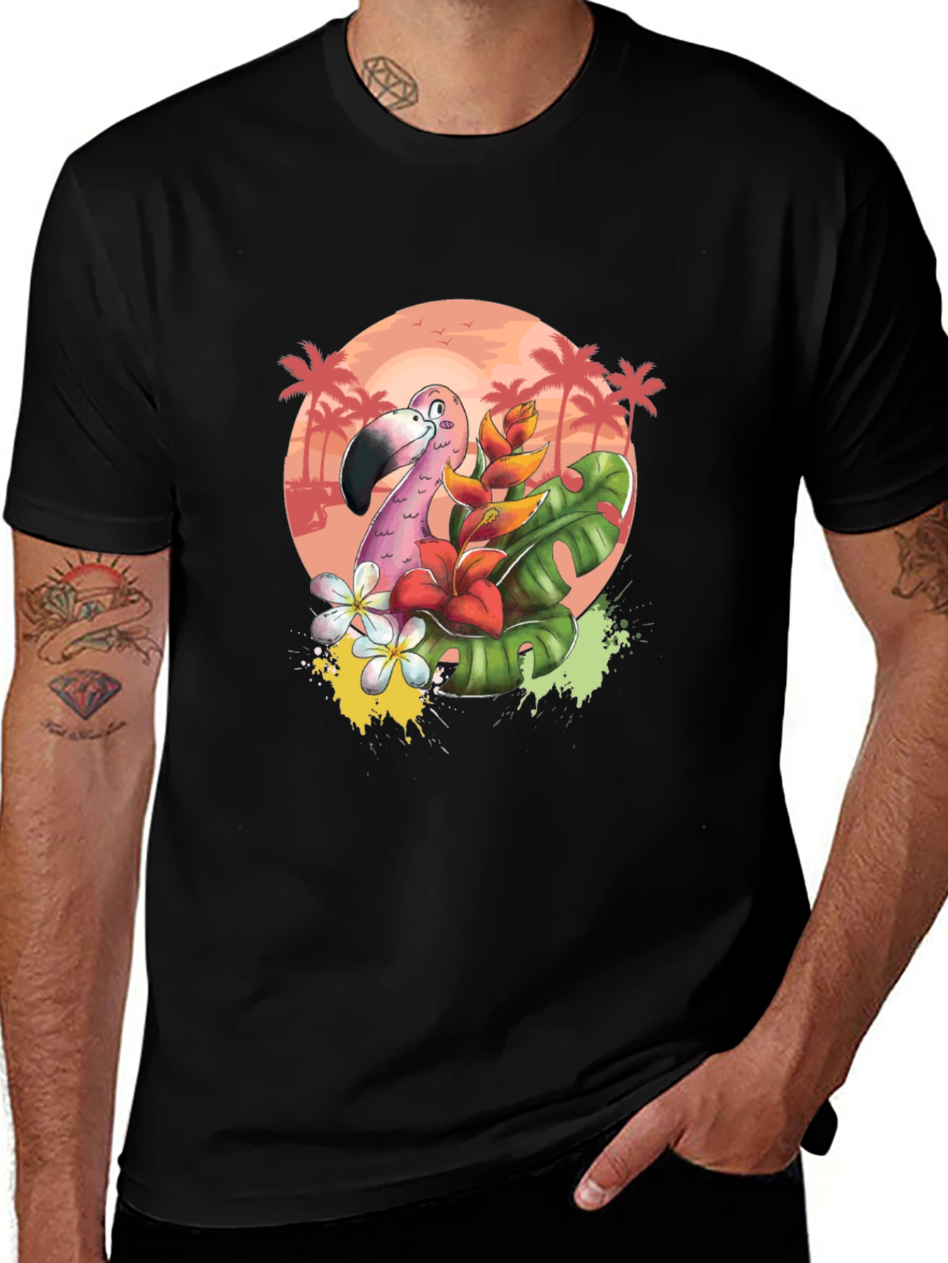 Tropical Flamingo Graphic Tee - Black Cotton T-Shirt
