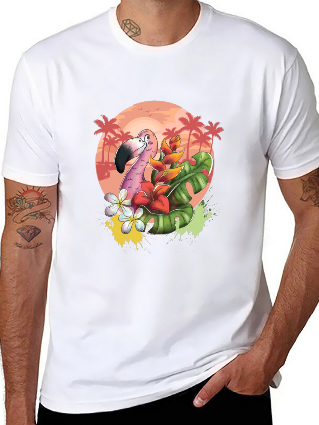 Tropical Flamingo Graphic Tee - Black Cotton T-Shirt