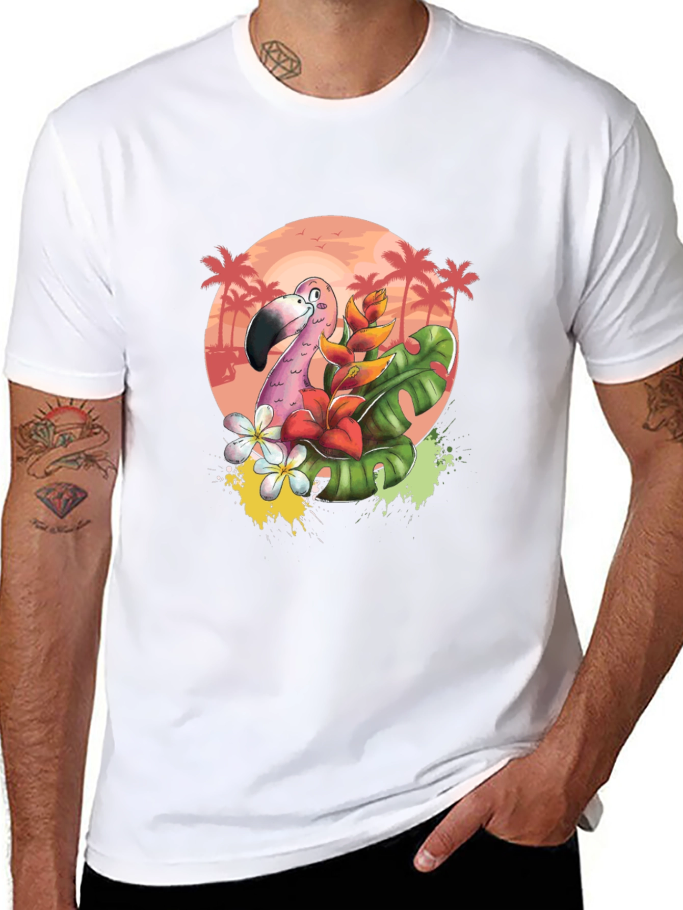 Tropical Flamingo Graphic Tee - Black Cotton T-Shirt