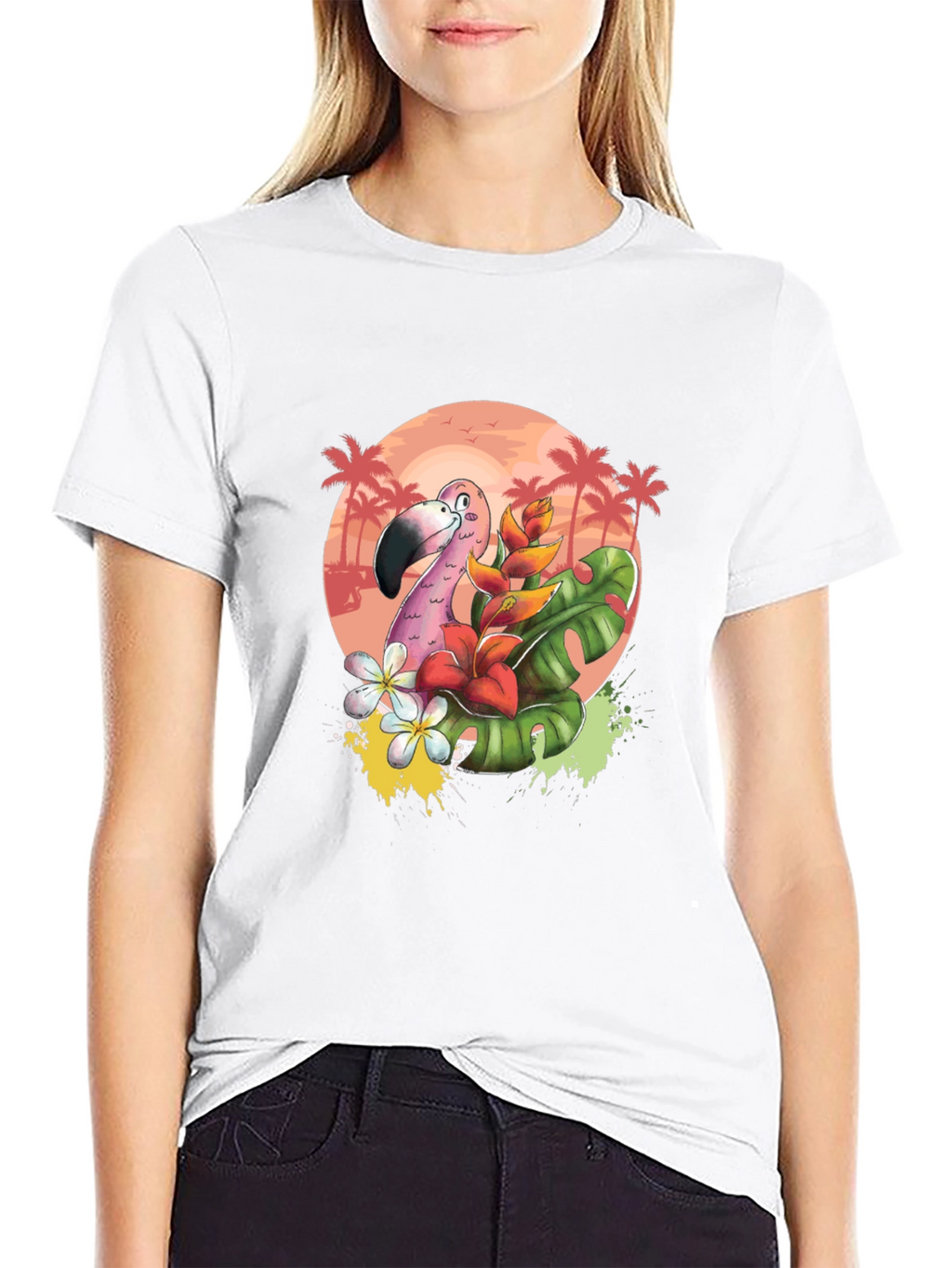 Tropical Flamingo Graphic Tee - Black Cotton T-Shirt