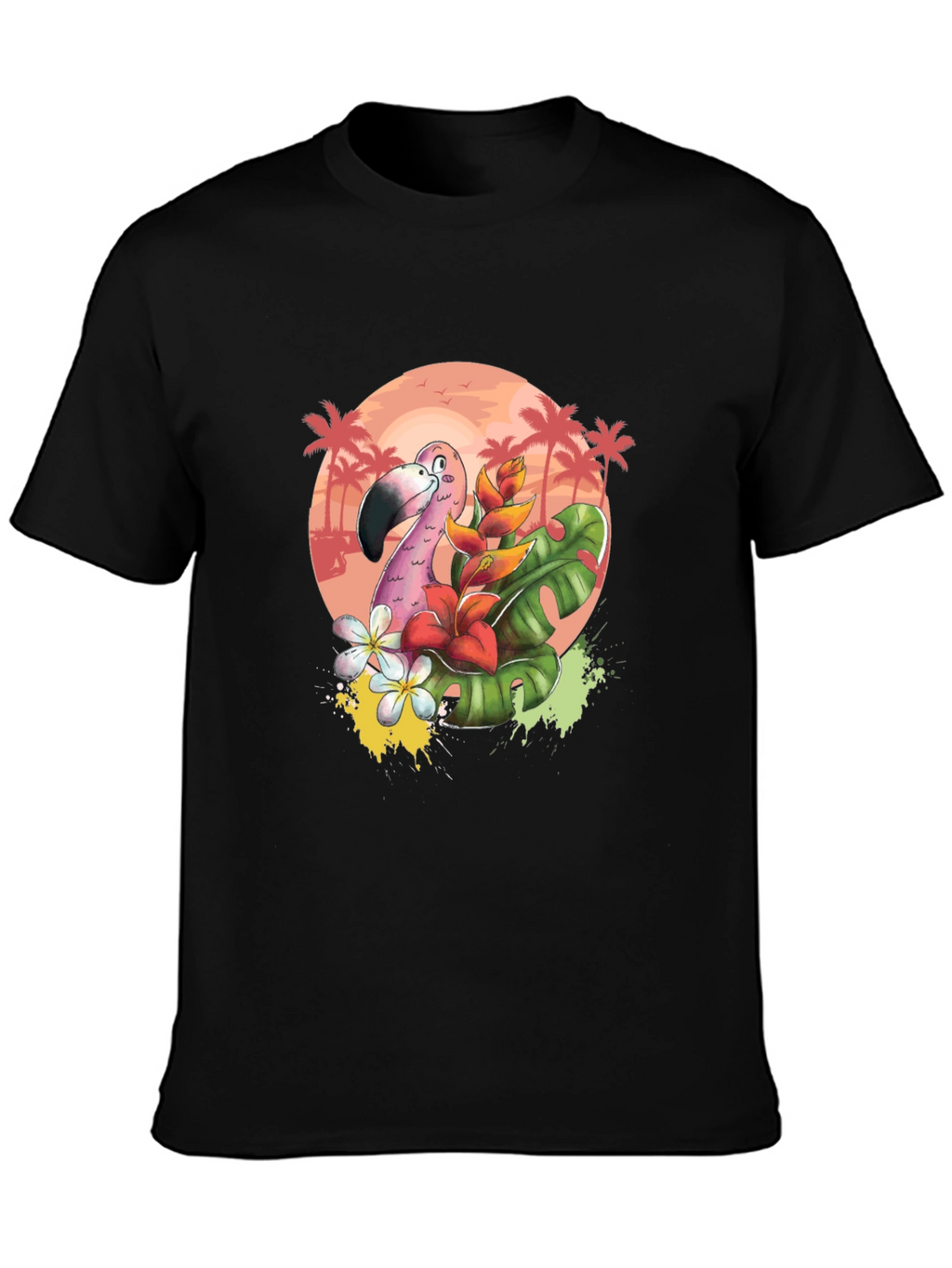Tropical Flamingo Graphic Tee - Black Cotton T-Shirt