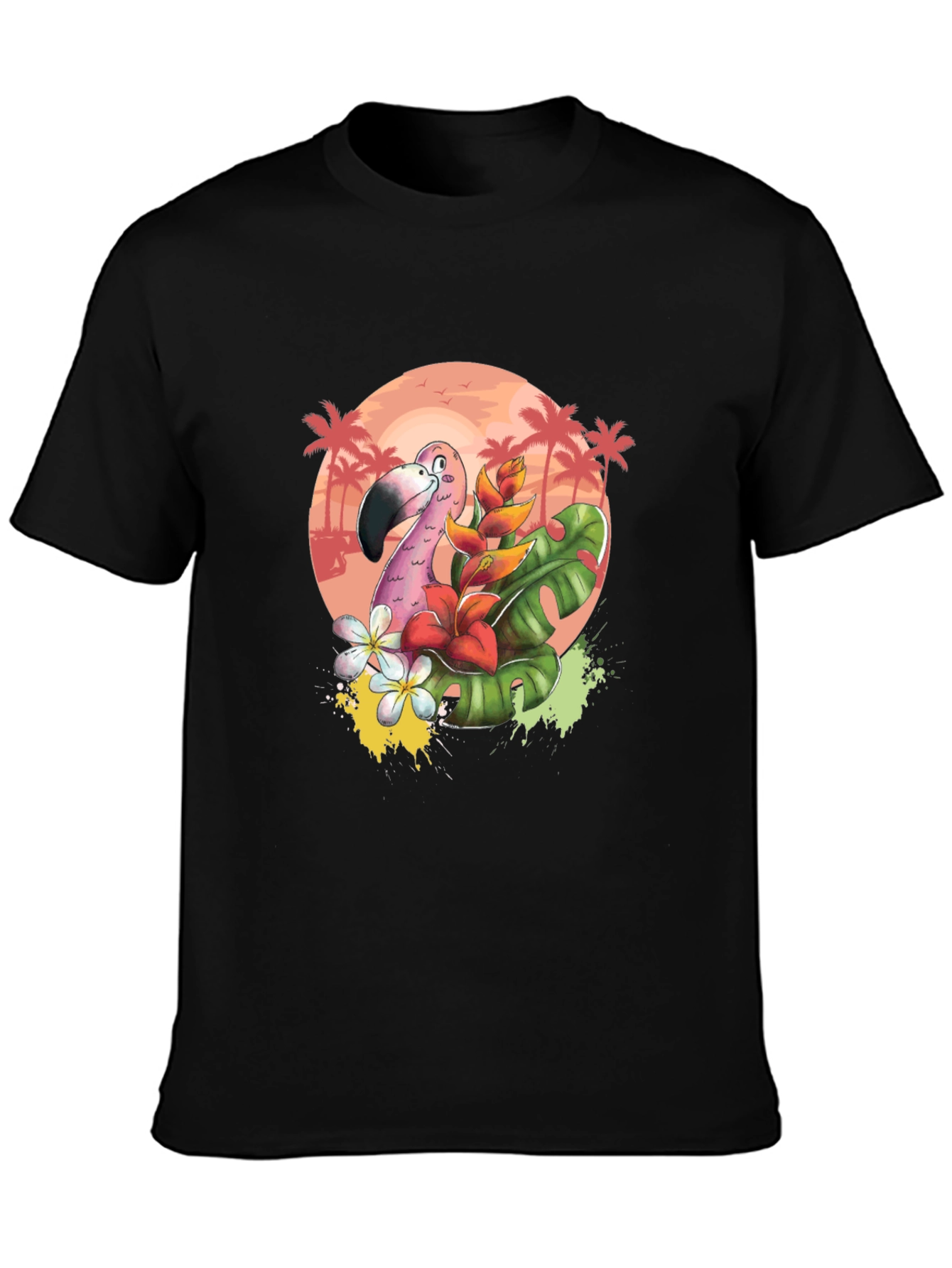 Tropical Flamingo Graphic Tee - Black Cotton T-Shirt