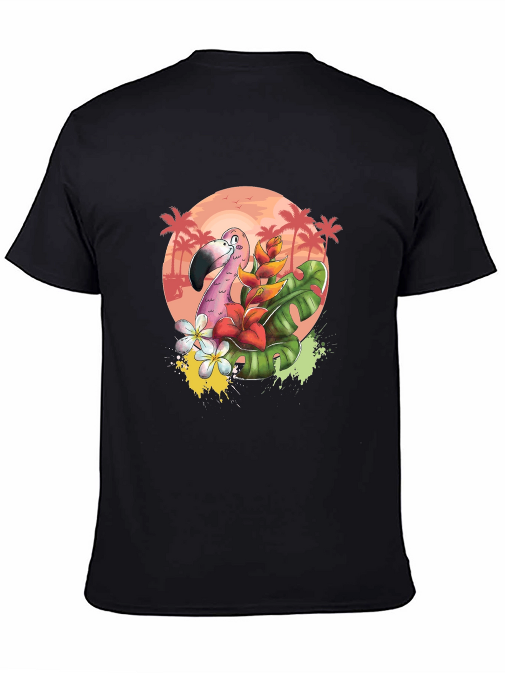 Tropical Flamingo Graphic Tee - Black Cotton T-Shirt