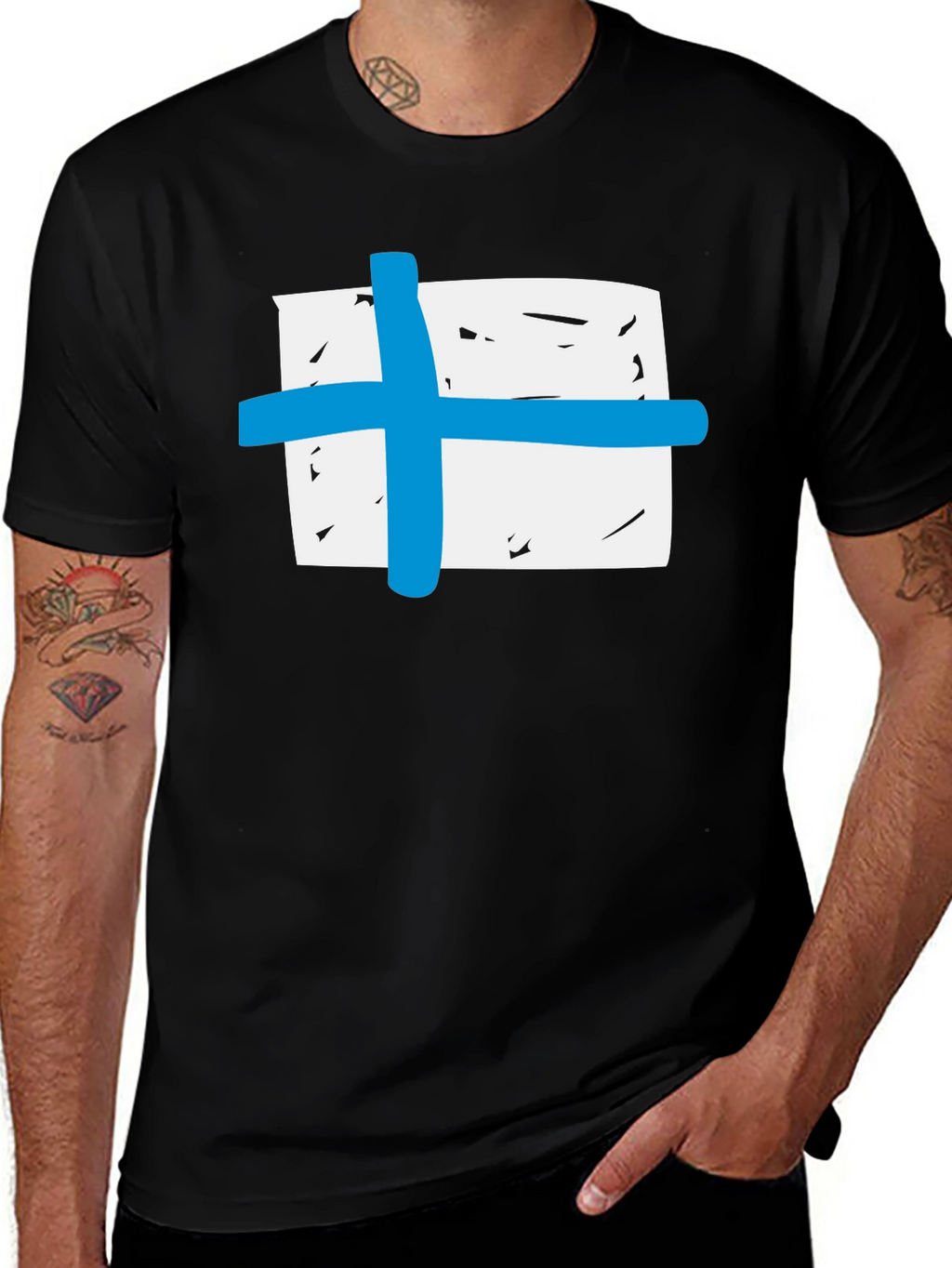 Black T-Shirt with Blue Cross Graphic