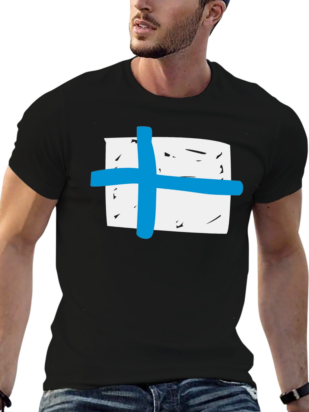 Black T-Shirt with Blue Cross Graphic