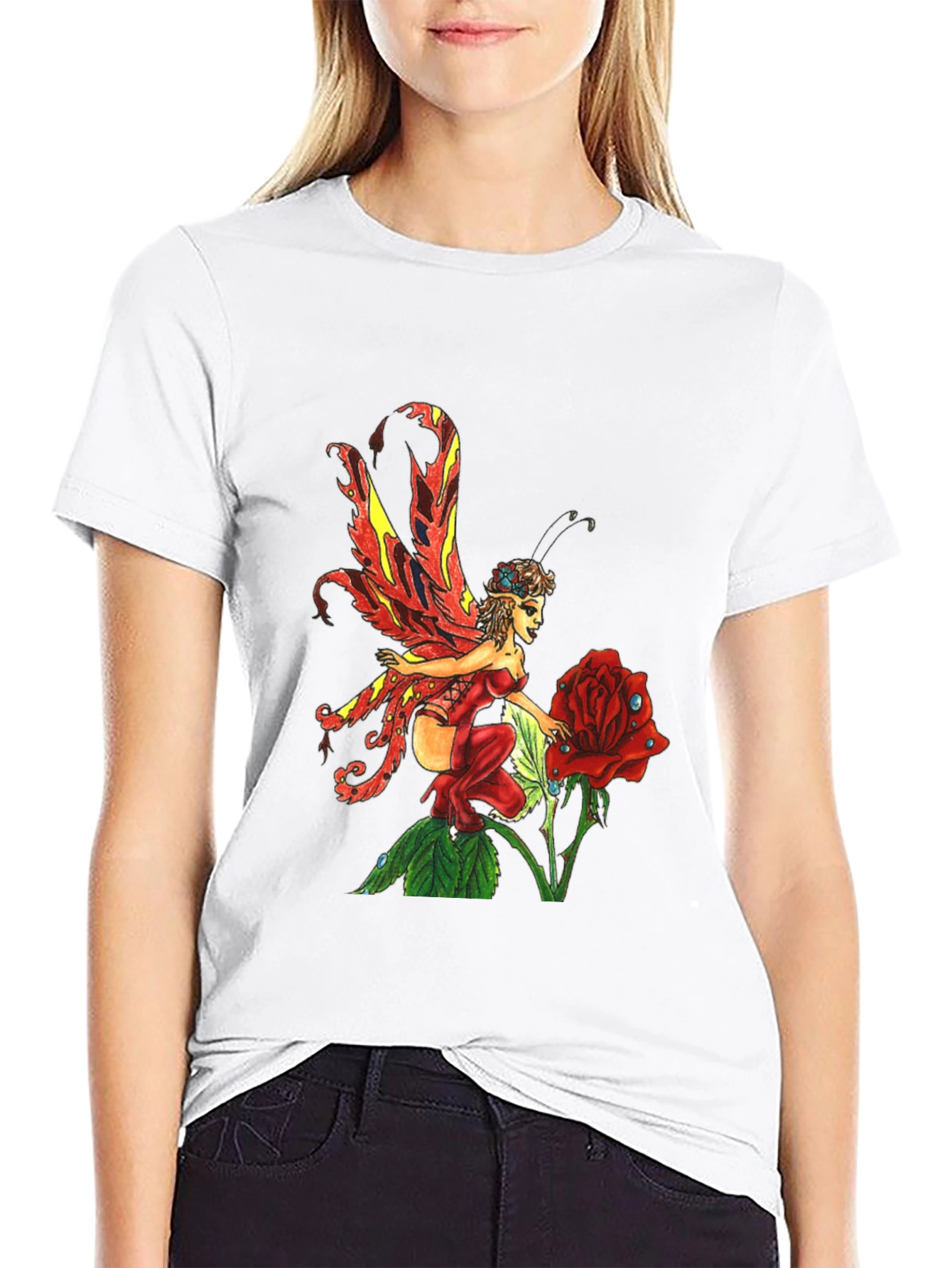 Fairy and Rose Graphic T-Shirt - Black