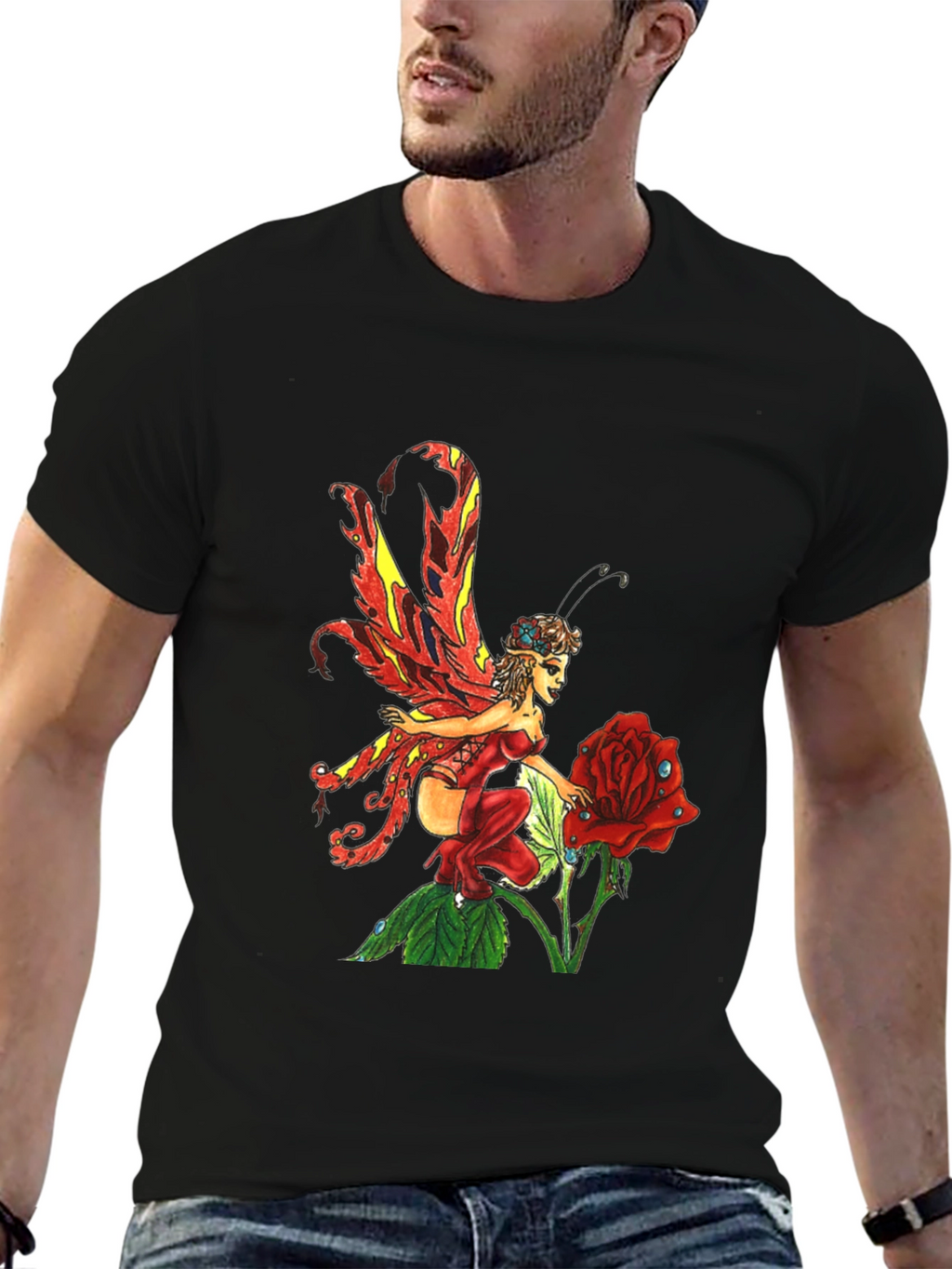 Fairy and Rose Graphic T-Shirt - Black