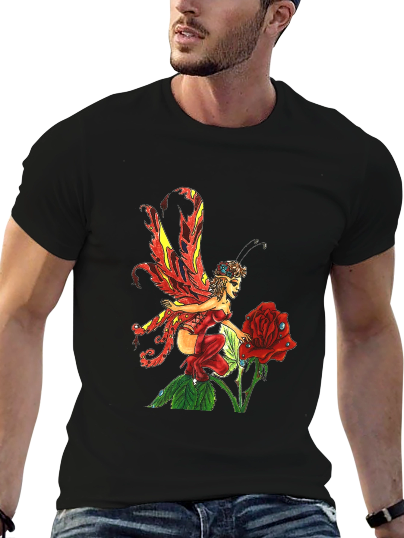 Fairy and Rose Graphic T-Shirt - Black