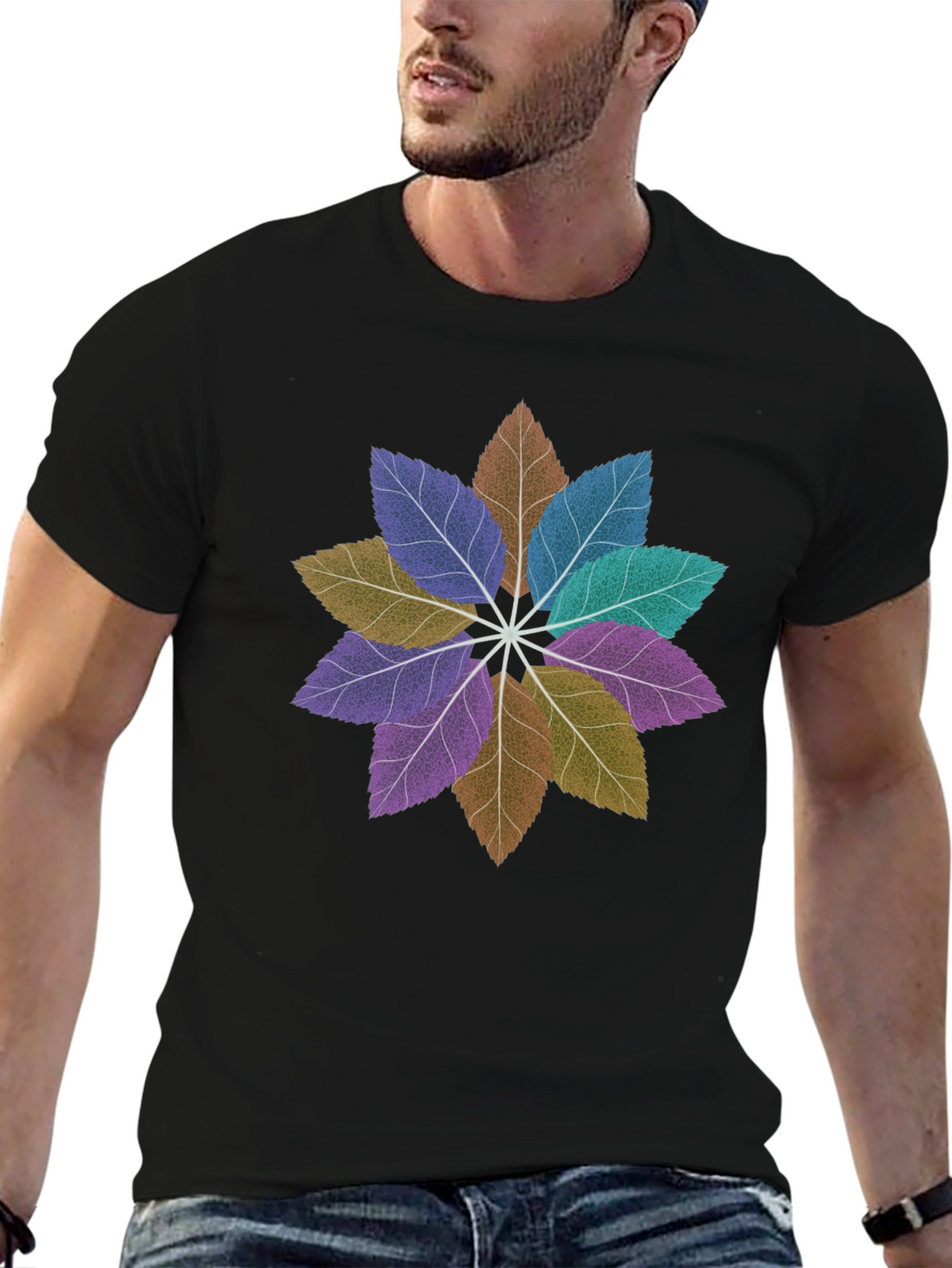 Floral Leaves Mandala Black T-Shirt