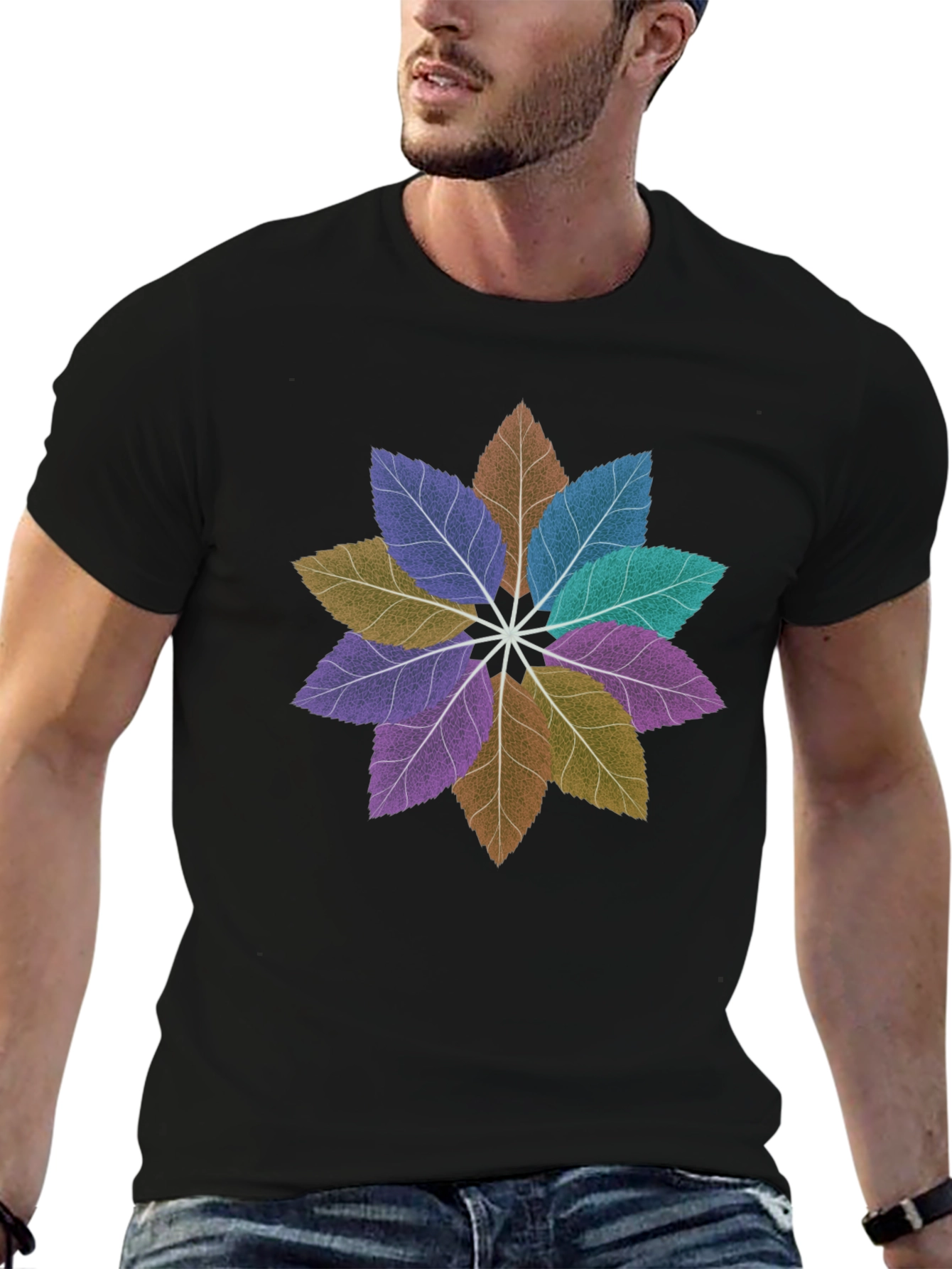 Floral Leaves Mandala Black T-Shirt