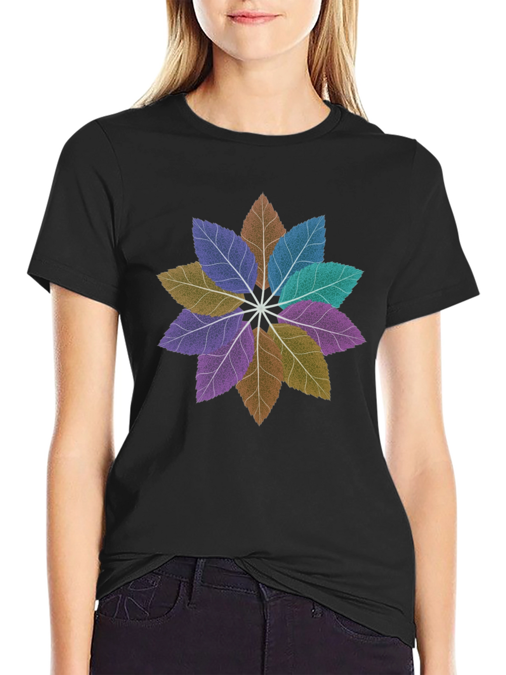 Floral Leaves Mandala Black T-Shirt