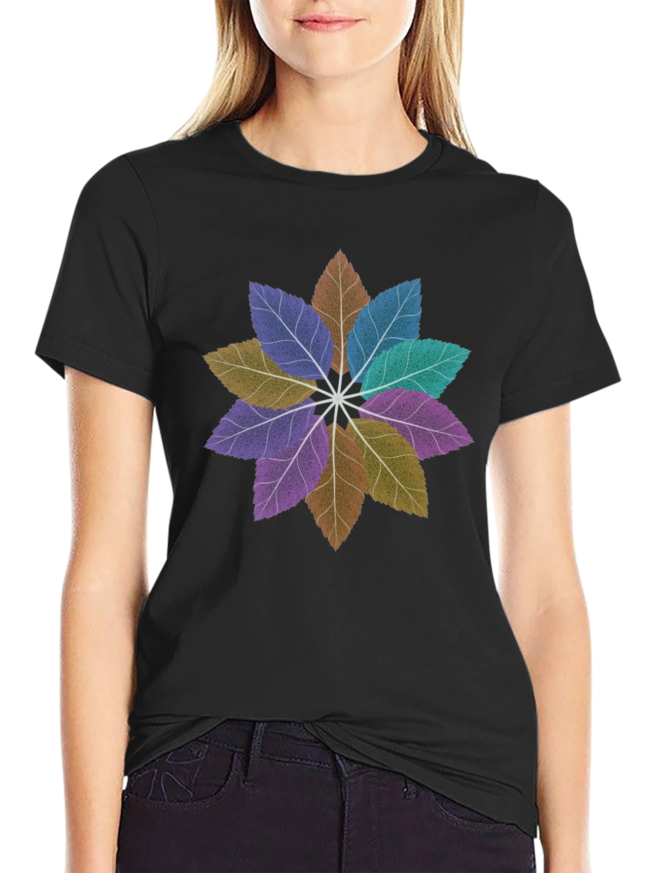 Floral Leaves Mandala Black T-Shirt