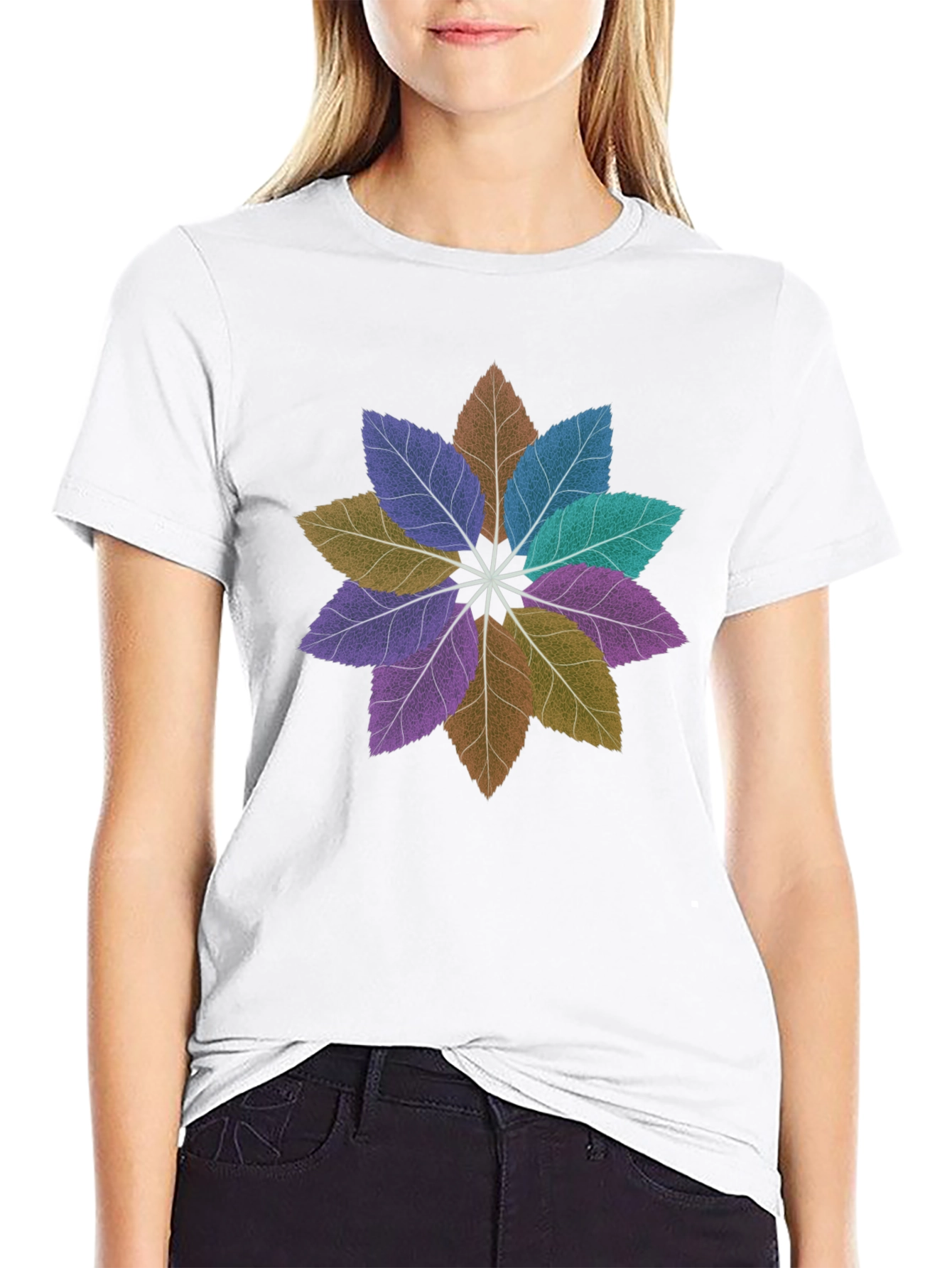Floral Leaves Mandala Black T-Shirt