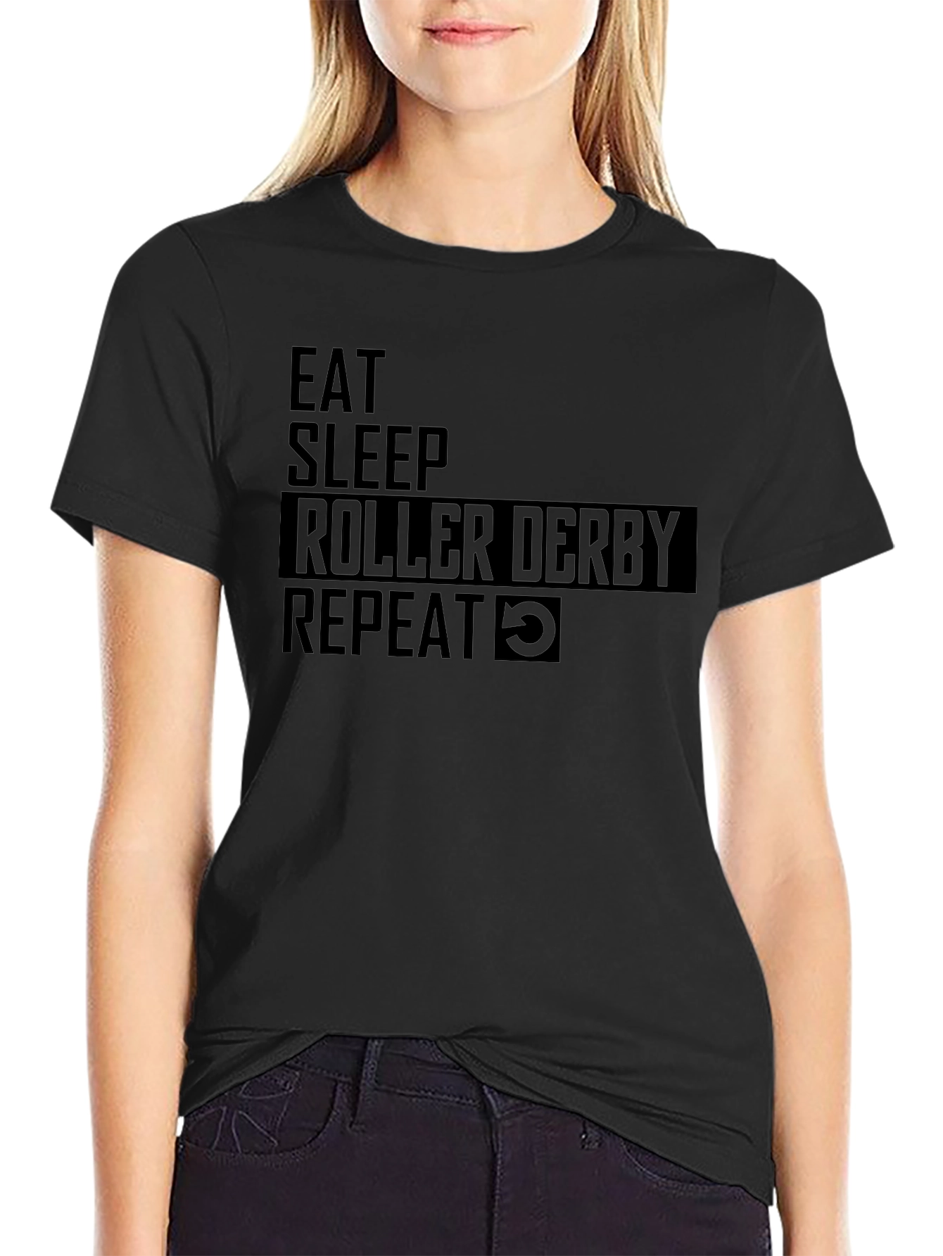 Eat Sleep Roller Derby Repeat Black T-Shirt