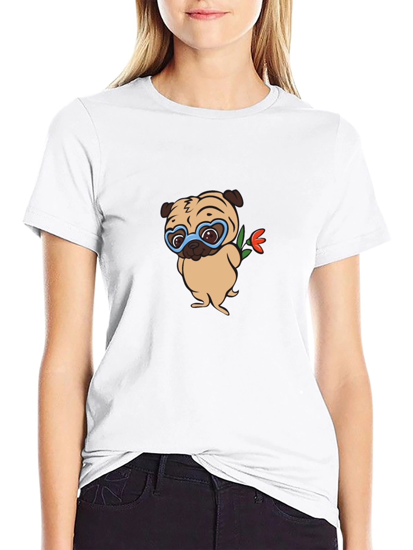 Cute Pug with Flower Graphic T-Shirt