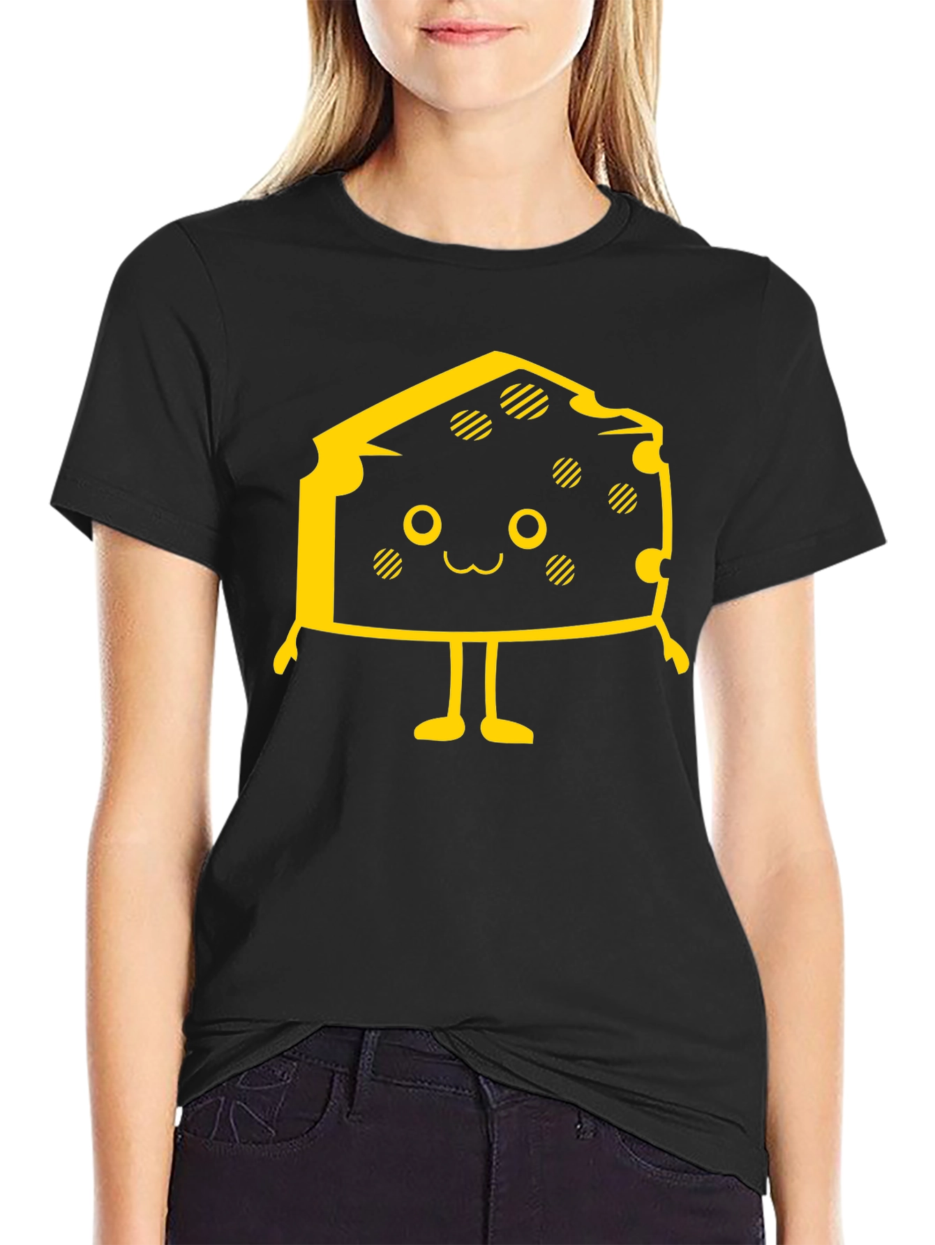 Cute Cheese Character Black T-Shirt
