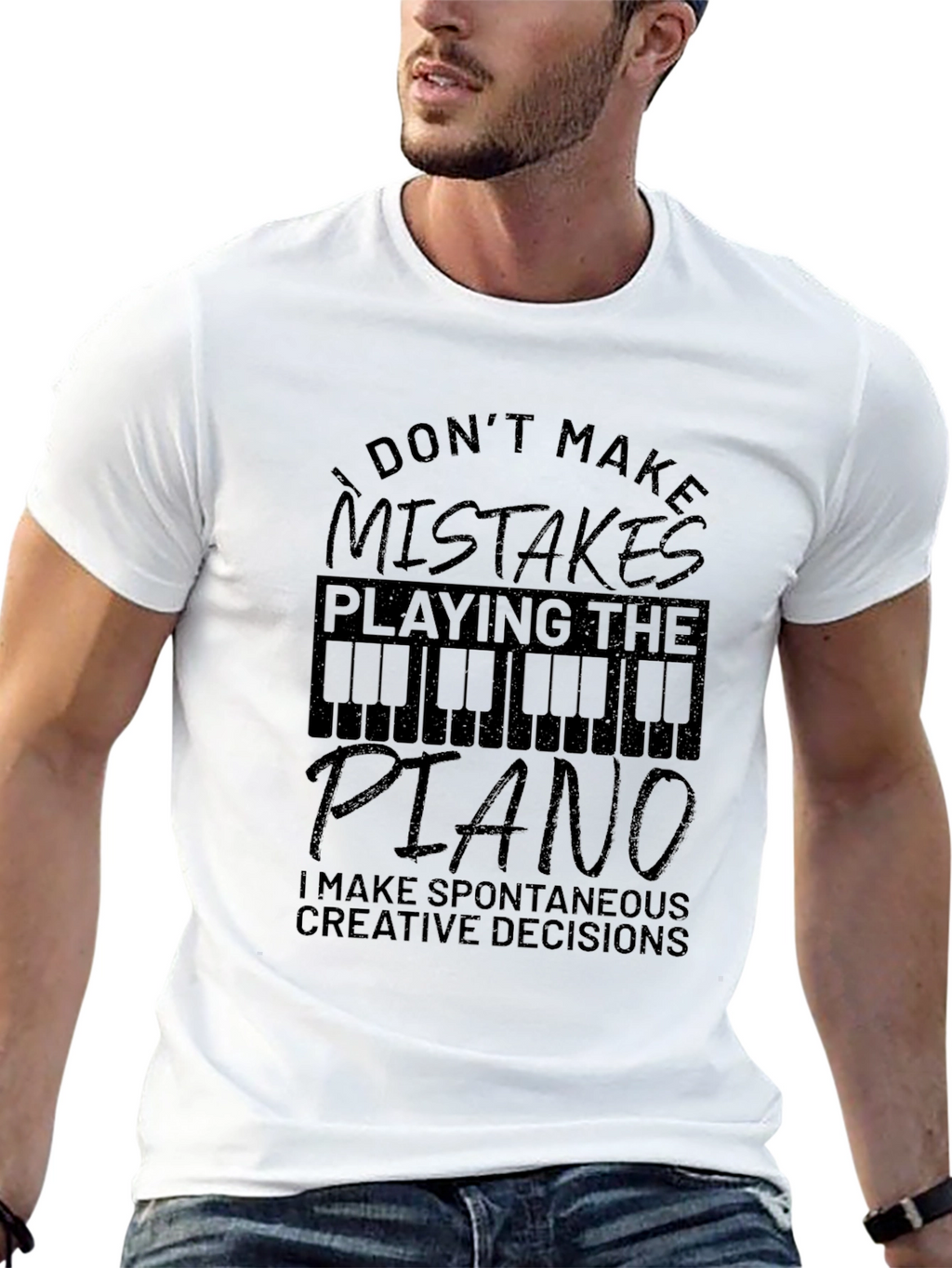 Piano Player Black T-Shirt: No Mistakes Creative Decisions