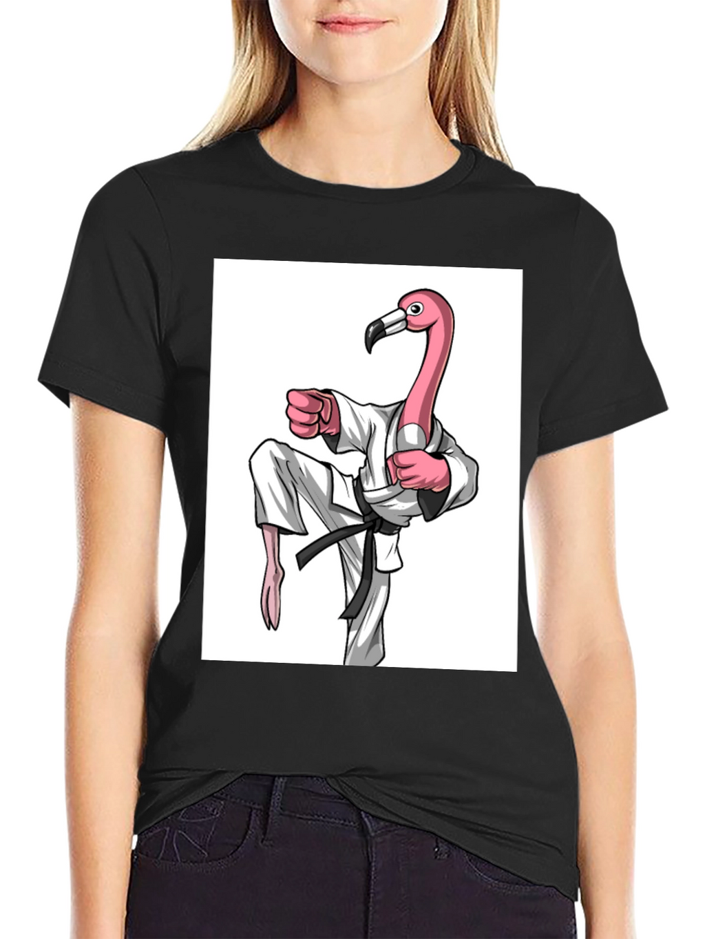 Karate Flamingo Black T-Shirt - Unique Graphic Tee