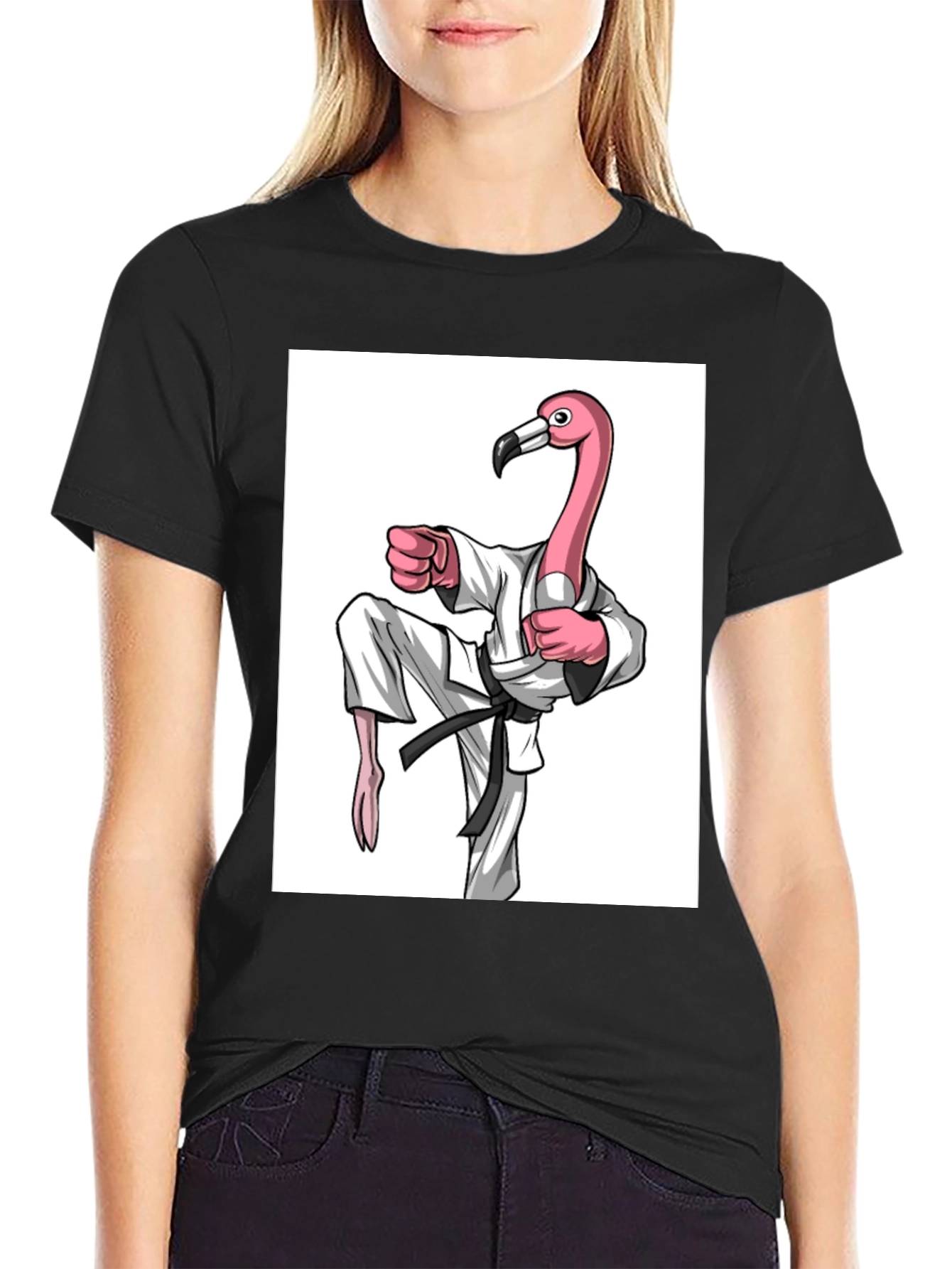 Karate Flamingo Black T-Shirt - Unique Graphic Tee