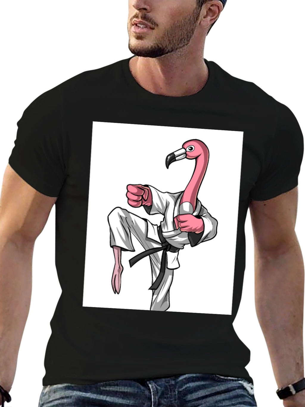 Karate Flamingo Black T-Shirt - Unique Graphic Tee