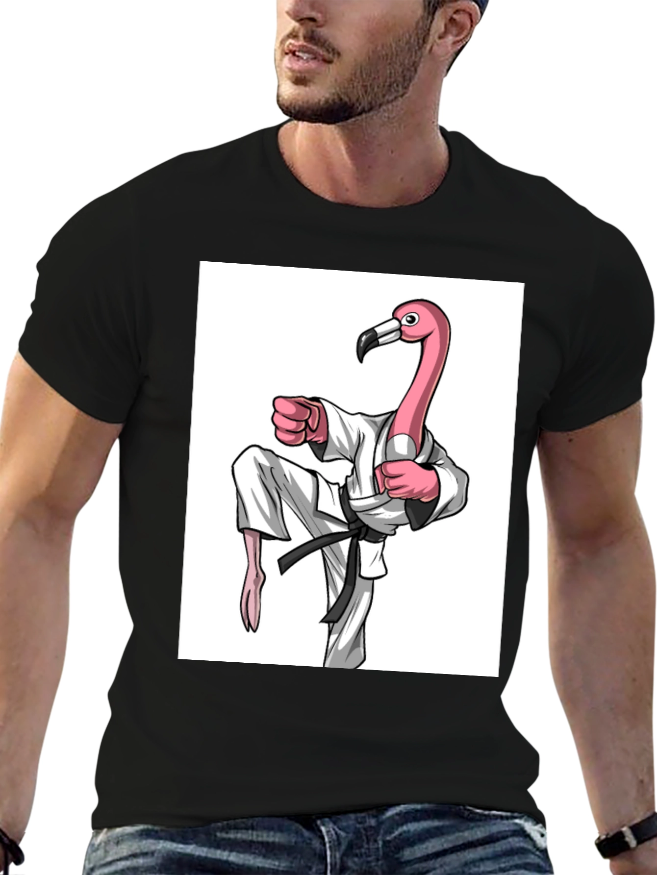 Karate Flamingo Black T-Shirt - Unique Graphic Tee