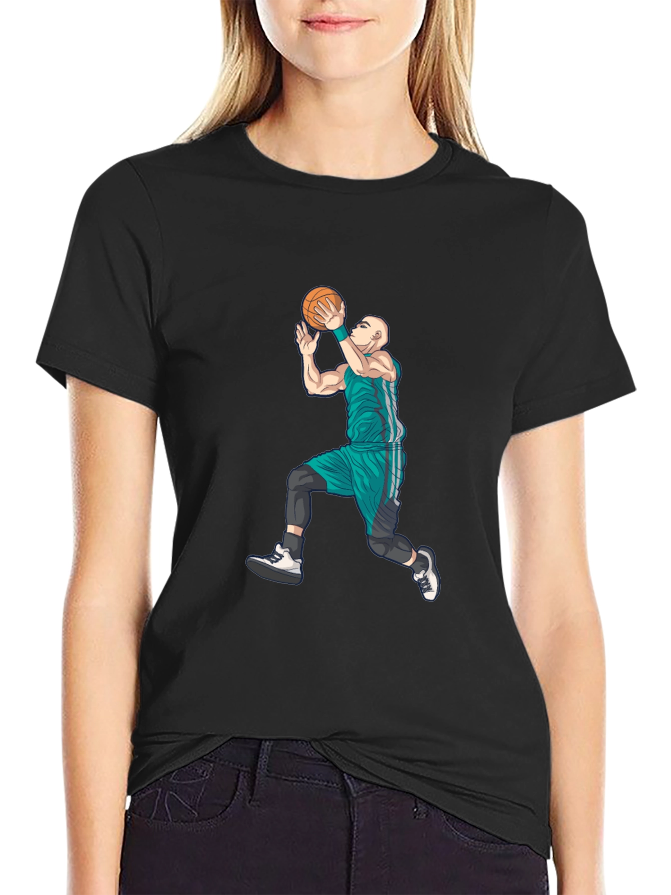 Basketball Player Graphic Tee - Black Cotton Blend
