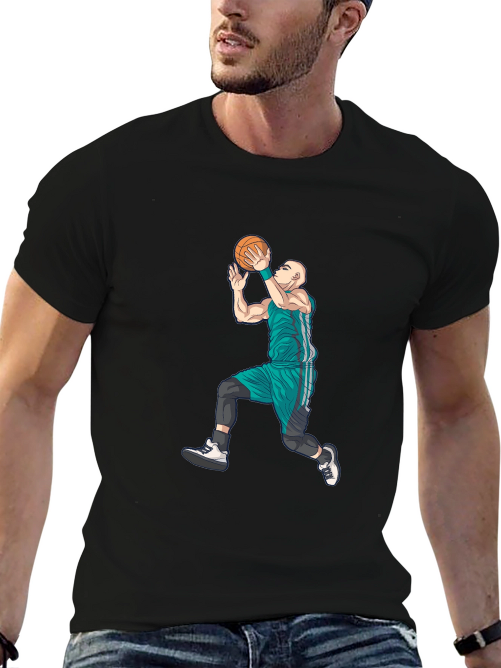 Basketball Player Graphic Tee - Black Cotton Blend